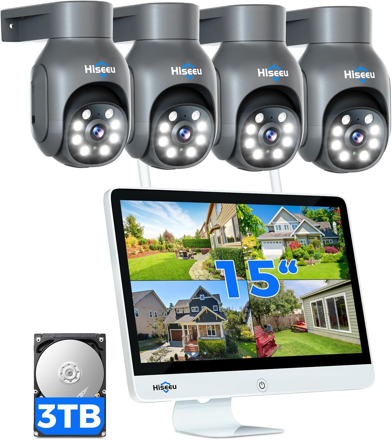 【15" Monitor + 3TB】 Hiseeu Wireless Security Camera System, 10CH NVR