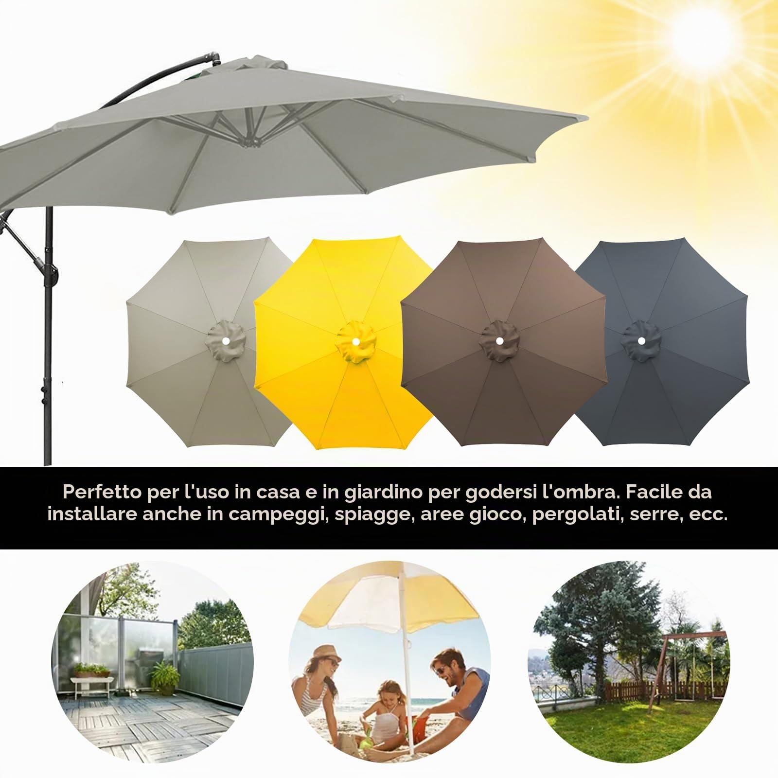 TWSOUL Copertura di ricambio in tessuto per ombrellone, 3 m, 8 stecche, copertura di ricambio per ombrellone da patio, anti-ultravioletto, copertura in tessuto (grigio, 3 m, 8 stecche)