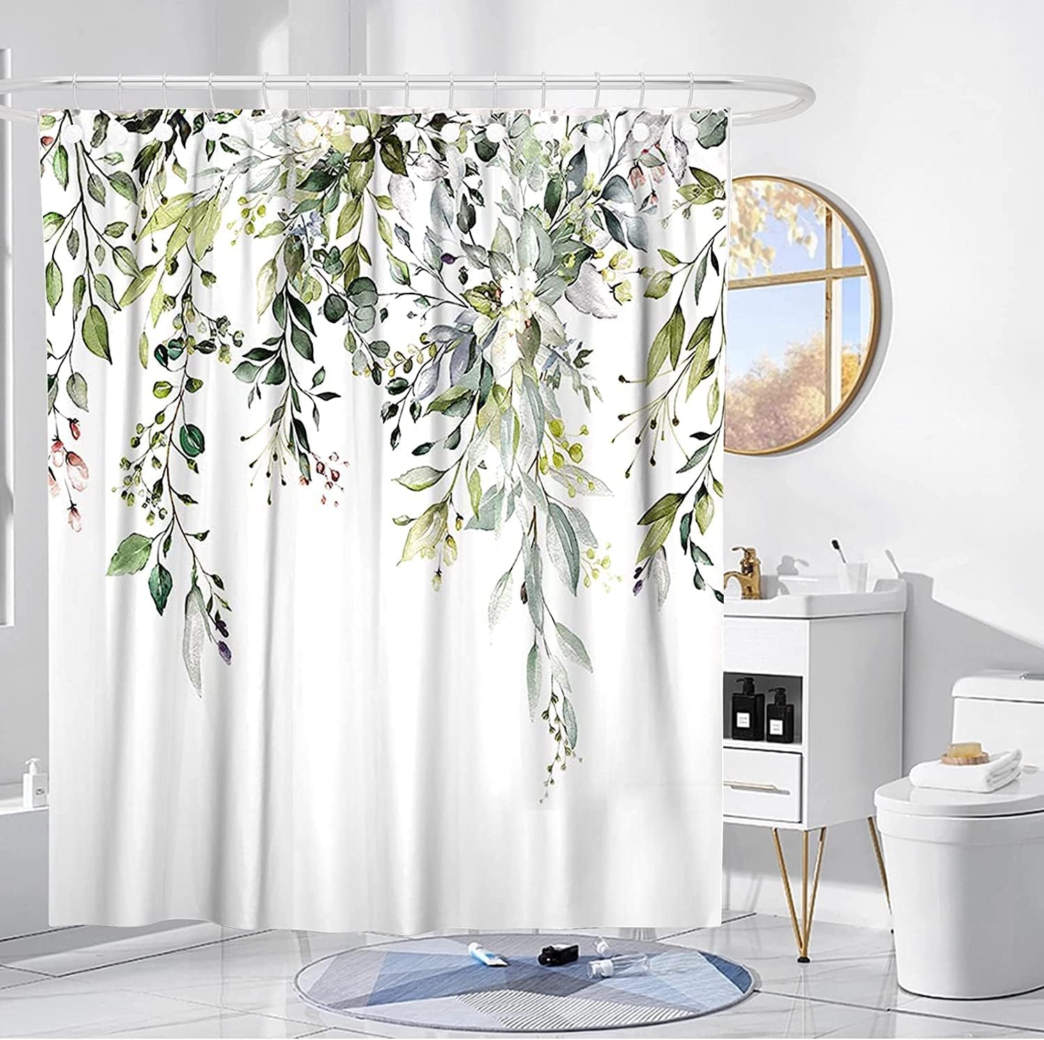 POATOW Eucalyptus Shower Curtain,Watercolor Leaves on The Top Plant