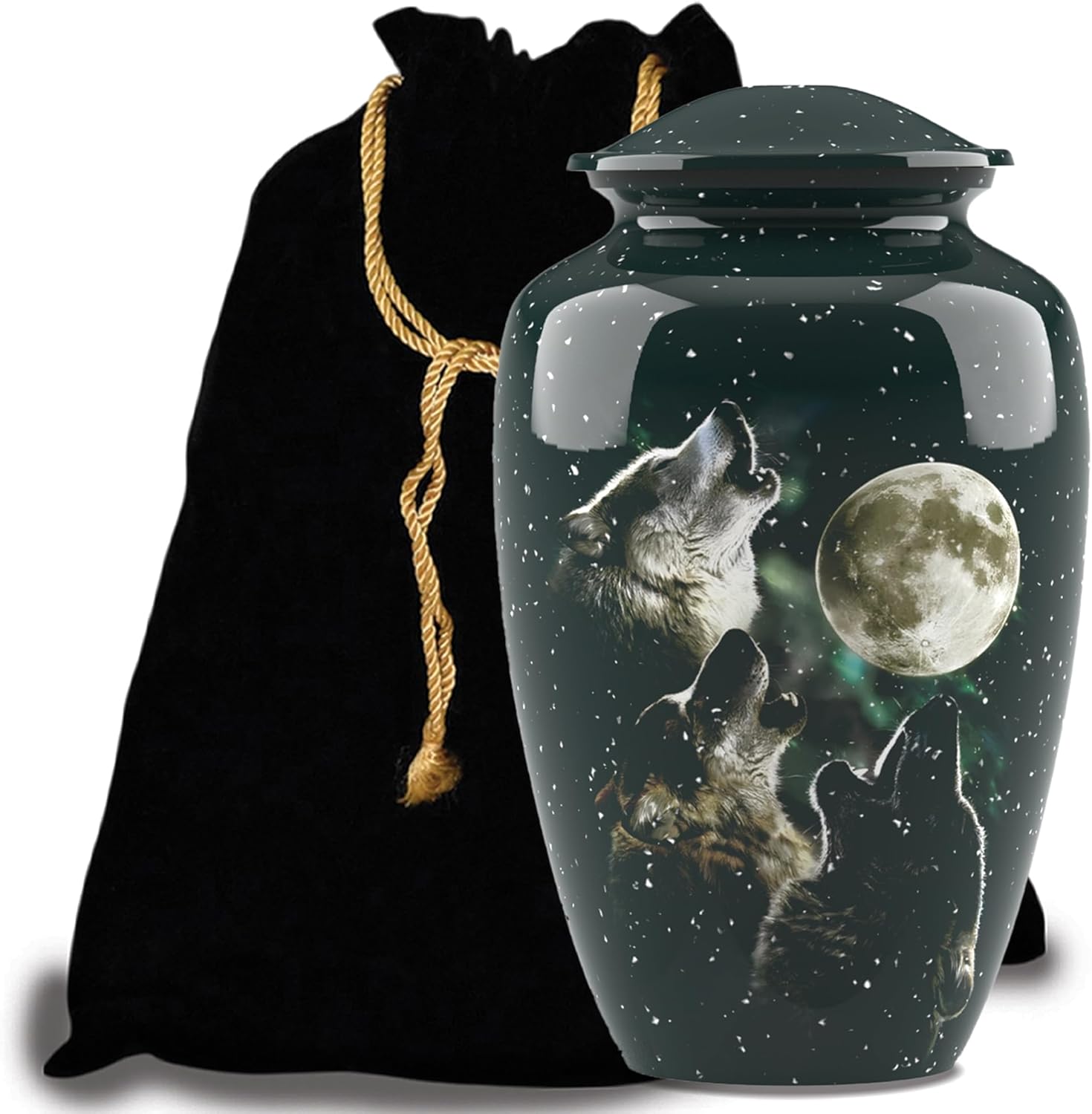 Forever URNS - Large Urn for Ashes Adult Male & Female | Memorial Gifts, Ashes Keepsake l Aluminium Metal with 3 Wolves Theme | Velvet Protection Box | Handcrafted Memorial Box for Funeral, 200 cu in