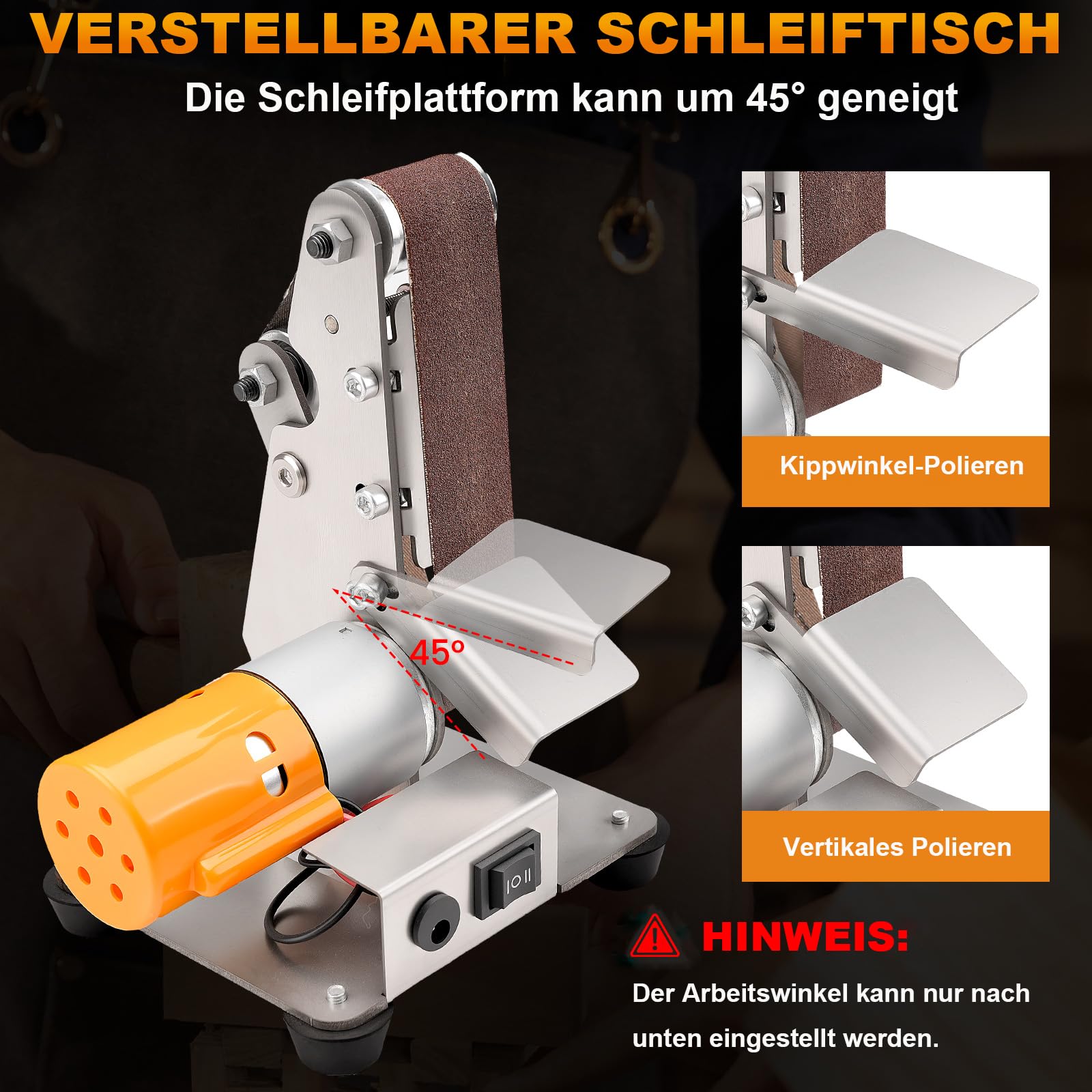 3-in-1 Mini-Bandpolierer mit 7-stufiger Geschwindigkeitsregelung & Niedrigem Lärmpegel – Zum Schleifen & Polieren von Metall, Werkzeugen, Holz & DIY-Projekten
