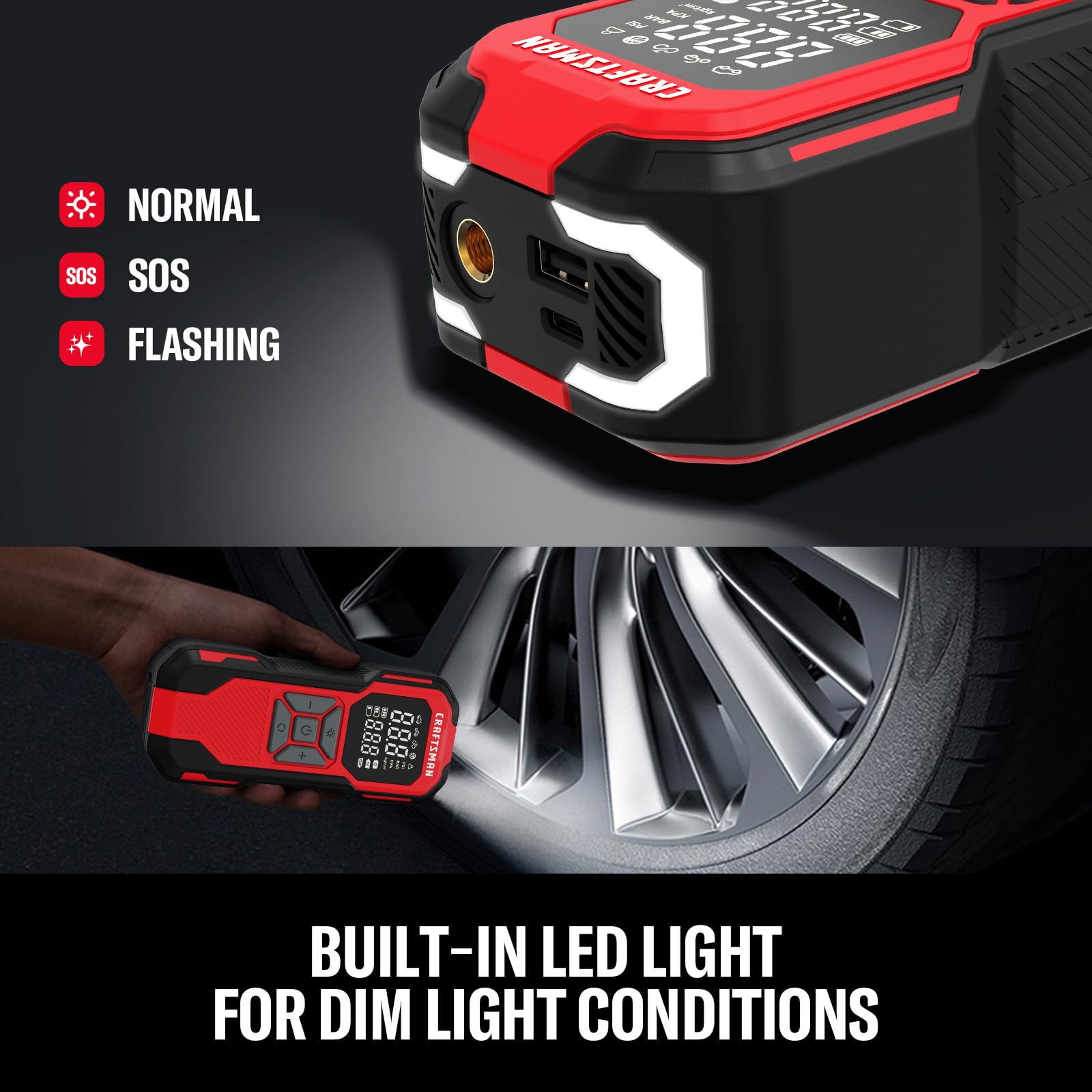 CRAFTSMAN Tire Inflator Portable Air Compressor, Cordless Mini Air Pump for Car Tires with Digital Tire Pressure Gauge, 6000mAh Battery Powered Air Pump, Max Pressure 150 PSI, 12V DC Corded