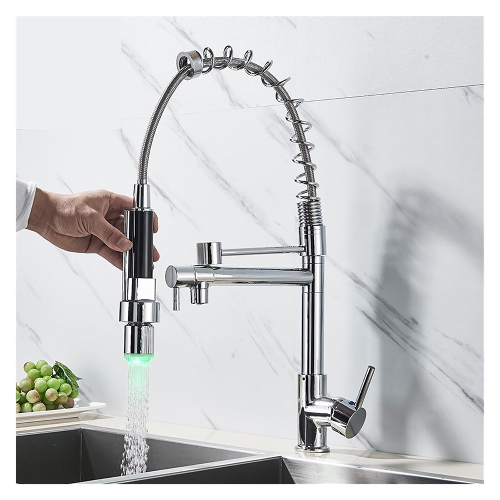 Robinet mitigeur LED cuisine anti-brûlure à ressort en chrome poli