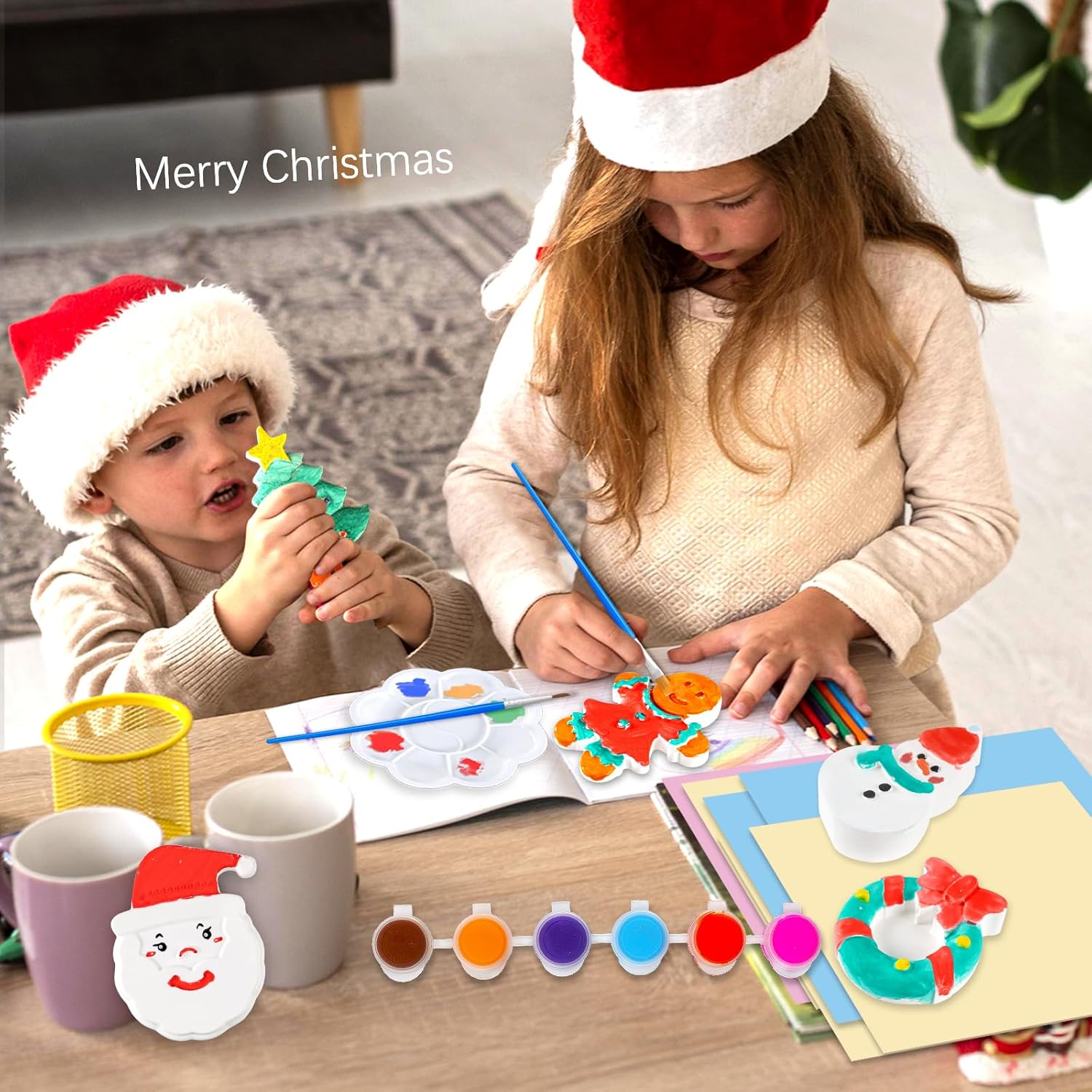 kockuu Christmas Ceramics to Paint for Kids Christmas Crafts Paint Your Own Ceramics Painting Kit, 8Pcs Ceramic Figures with Brushes for Toddlers Kids DIY Crafts Xmas Birthday Activity Gifts