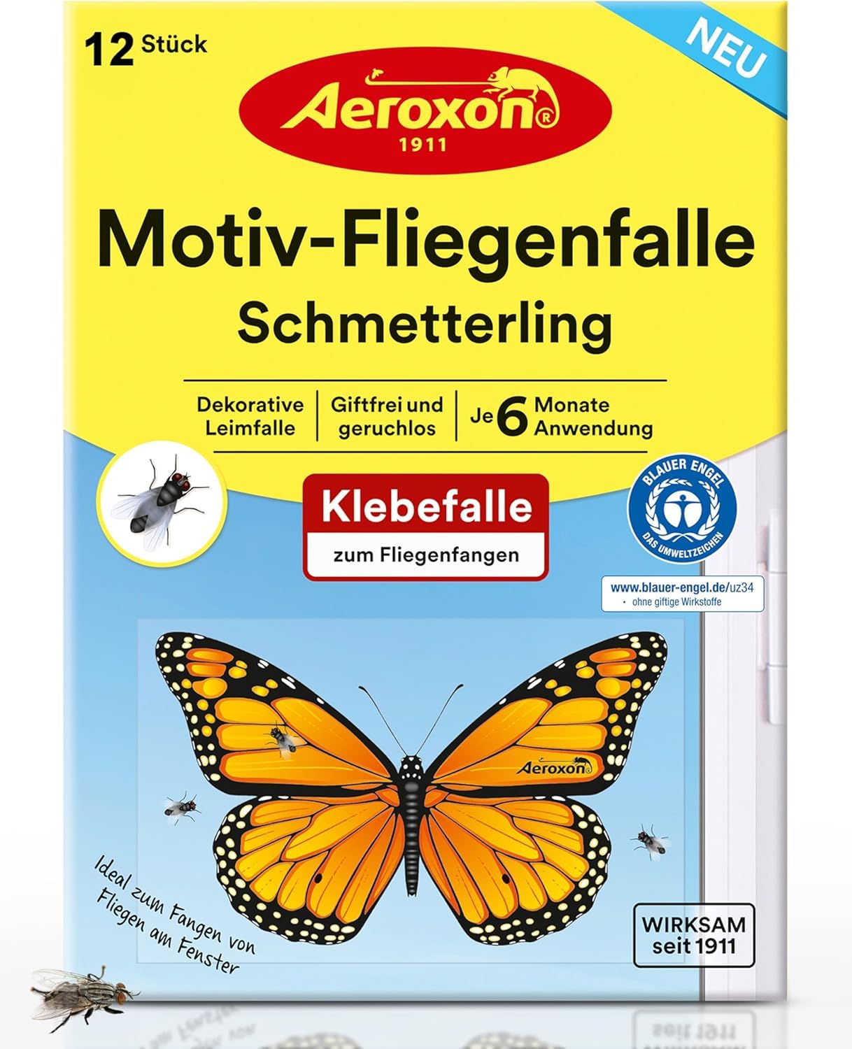 Aeroxon Indoor Fly Trap - 12 x Fly Catchers for Windows, Effective Fly Traps with Butterfly Design