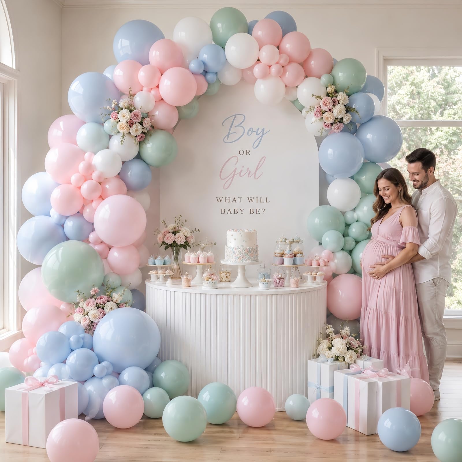 Pastelowe niebieskie zielone różowe białe balony, stonowane tęczowe zakurzone różowe niebieskie szałwiowe zielone białe lateksowe kolorowe balony na ślub boho urodziny baby shower ujawnienie płci las