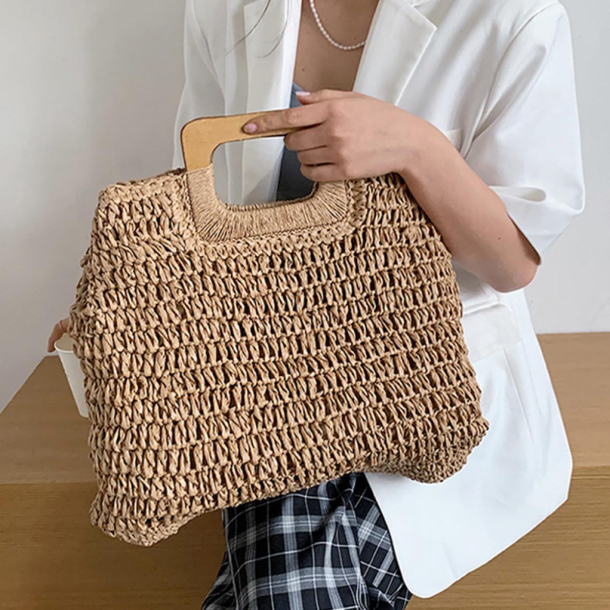 Bolso de Playa Tejido a Mano al Crochet, Bolsa de Almacenamiento Portátil, Gran Capacidad, Ligero, Color Caqui, para Mujer, Compras Diarias y Vacaciones Playa
