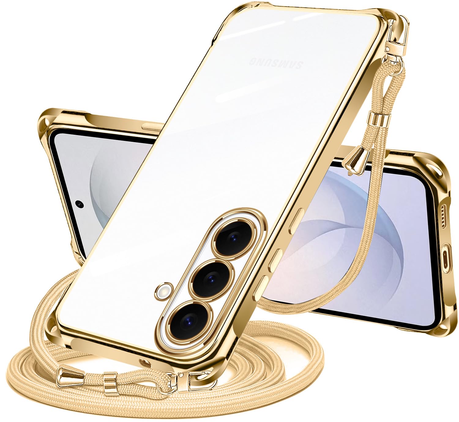 NISIILNG Galaxy S26 用 ケース クリア ショルダー galaxy s26 SG-51G SCG36 スマホケース ギャラクシー s26 カバー 肩掛け 斜めかけ 縄掛けケース 透明 TPU 薄型 耐衝撃 紐付き 斜めがけ 織りストラップ付き ネックストラップ ショルダー 縦/横 2WAY 長さ調整可能 取り外し可能 落下防止 紛失防止 (ゴールド)