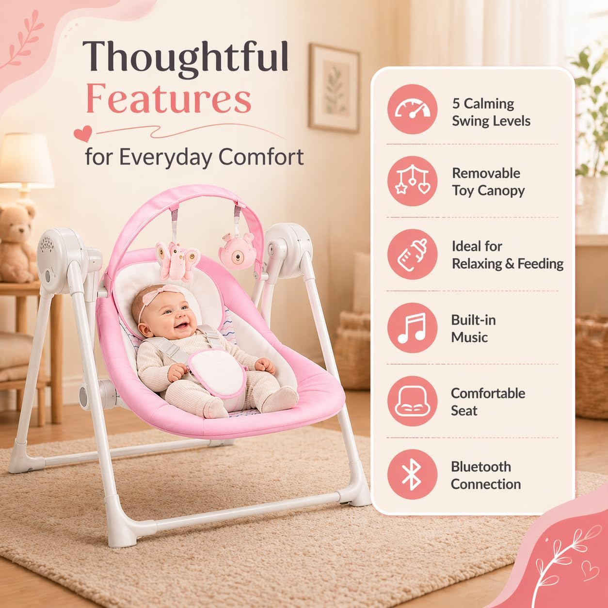 Baby Swing SpaceSaver Ultra-Compact Foldable Infant Swing (Fits in 5.3" Gaps!) 6 Speed Modes | Portable Newborn Swing for Travel/Car/Picnic (0-6M, 6-20lbs Pink)