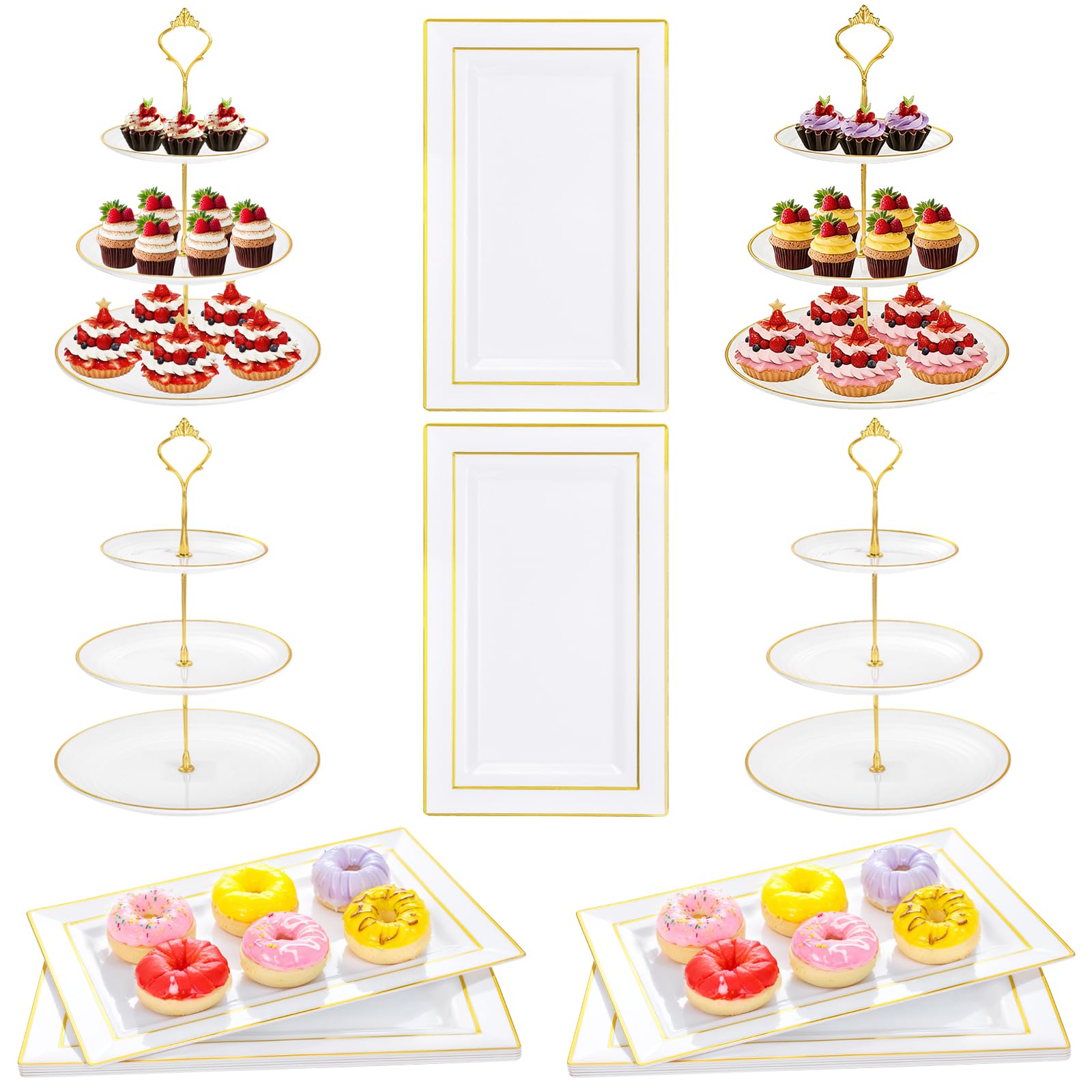 supernal Soportes para cupcakes de 3 niveles, 6 bandejas de plástico, 4 soportes para postres para cupcakes, juego de bandejas de fiesta, platos para tartas incluye 6 bandejas de pastelería, 4