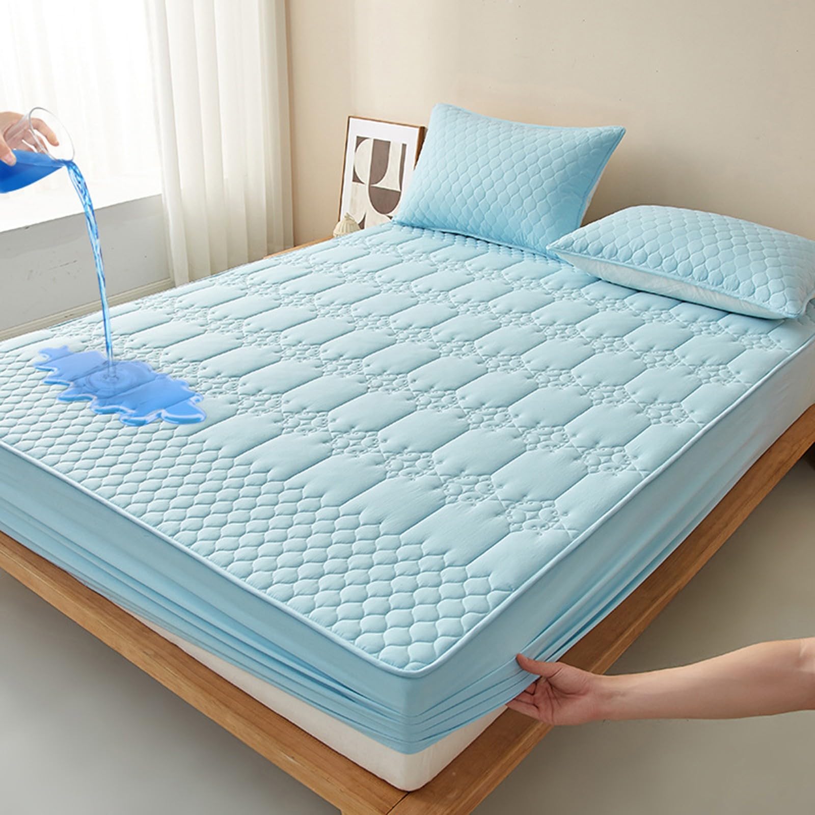 Matratzenschoner Wasserdicht,Spannbettlaken Weich Gesteppt Matratzenauflage,Atmungsaktiv Geräuschlos Matratzen-Staubschutz,Inkontinenzunterlage Waschbar(Blue,200x220cm)
