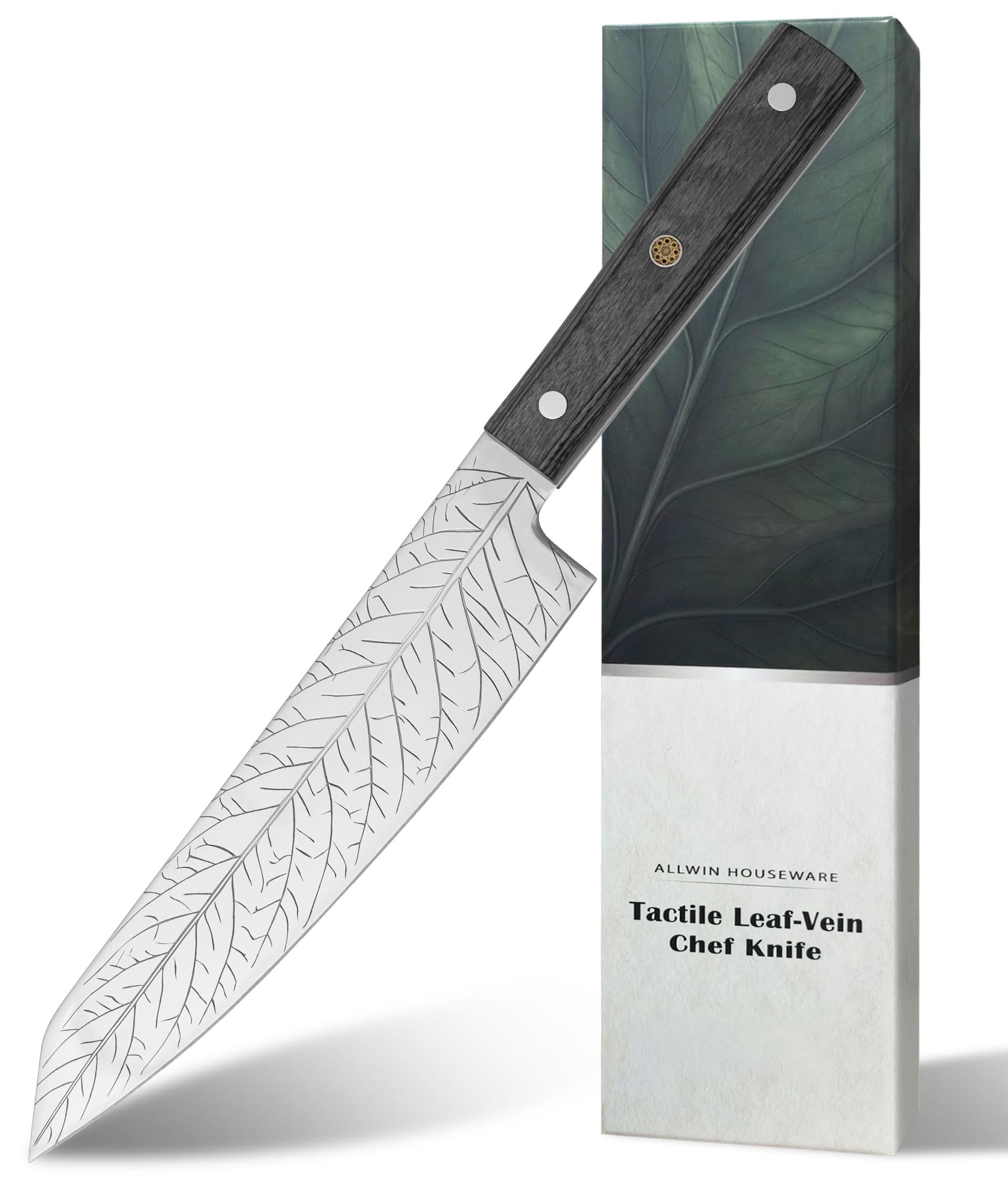 8-Inch Leaf‑etched Chef Knife –ALLWIN HOUSEWARE Deep Electro‑etched Leaf Pattern with 3D Air‑Pocket Design, Premium Stainless Steel Blade & Ergonomic Wood Handle for Kitchen Cooking Gift Grey