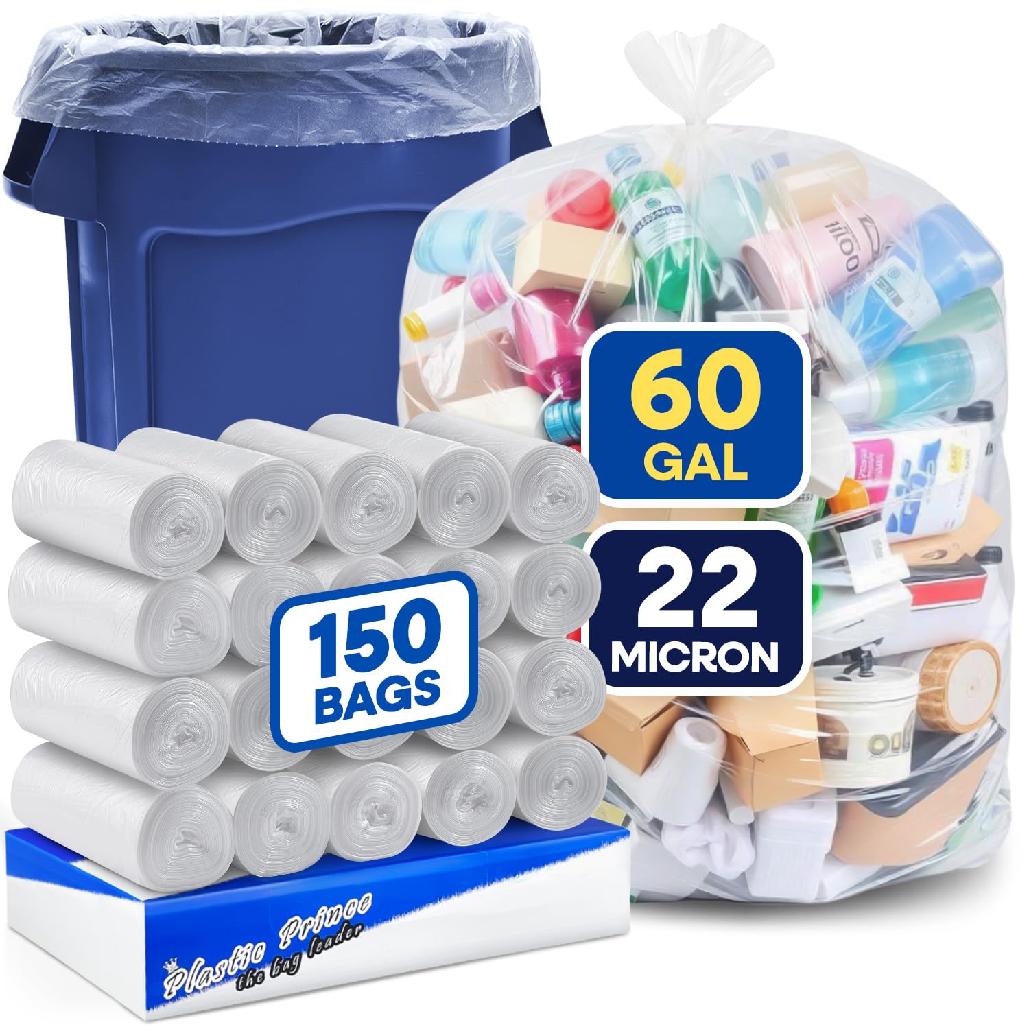 PLASTIC PRINCE 55-60 Gallon Trash Bags, Clear Trash Bags 38"W × 60"L, 22 Micron Clear Garbage Bags, 55-60 Gal High-Density Garbage Can Liners, Fits