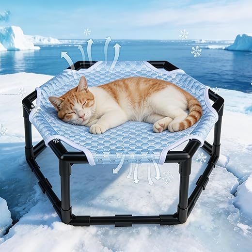Elevated Cat Cooling Hammock Bed, Hexagonal Raised Cat Cot with Breathable Ice Beanie Fabric and Anti Slip Block, Cooling Pad Mat Indoor Outdoor Stable Pet Swing Bed for Small Puppy, Blue