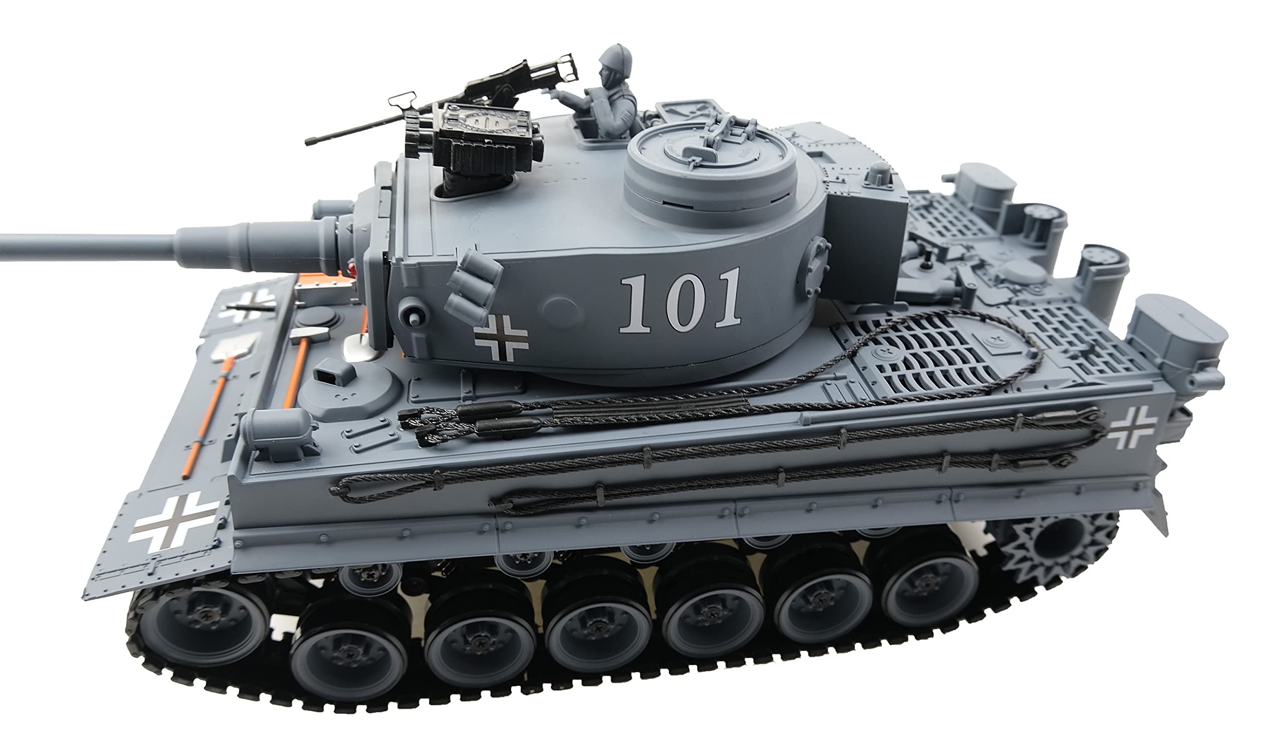 efaso Ferngesteuerter Panzer German Tiger I grau Maßstab 1:18, RC Panzer mit Schussfunktion Rauch und Sound RTR mit LED Lichtern