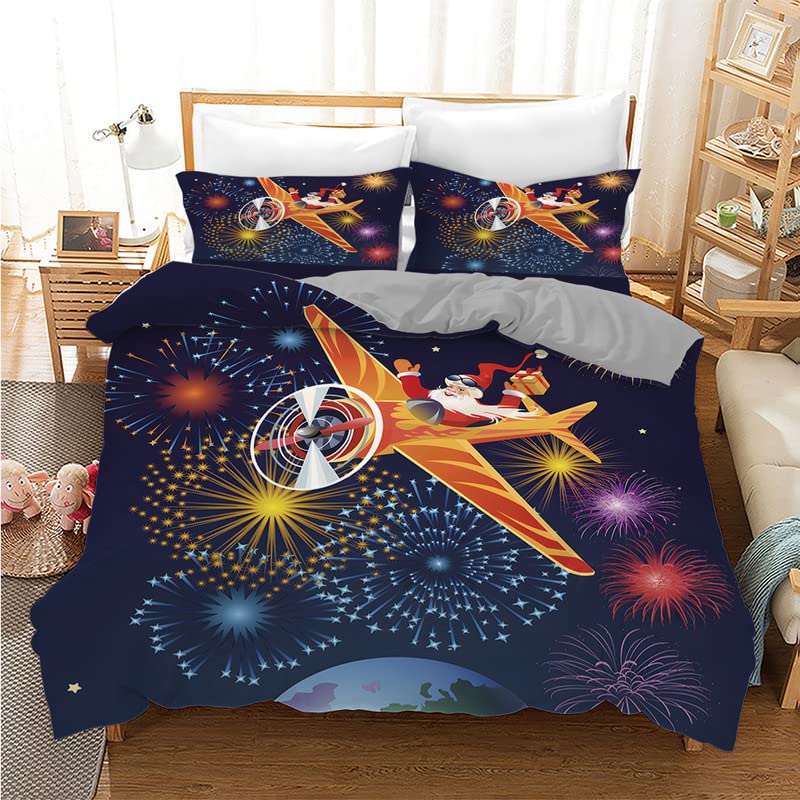 Housse de couette 90x190 cm microfibre literie ado garçon fille taie d'oreiller 65x65 avion Noël