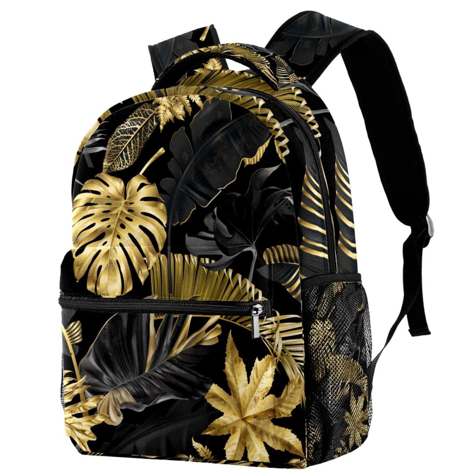 Sac à dos voyage noir et doré à motif tropical pour escapades de week-end et cours