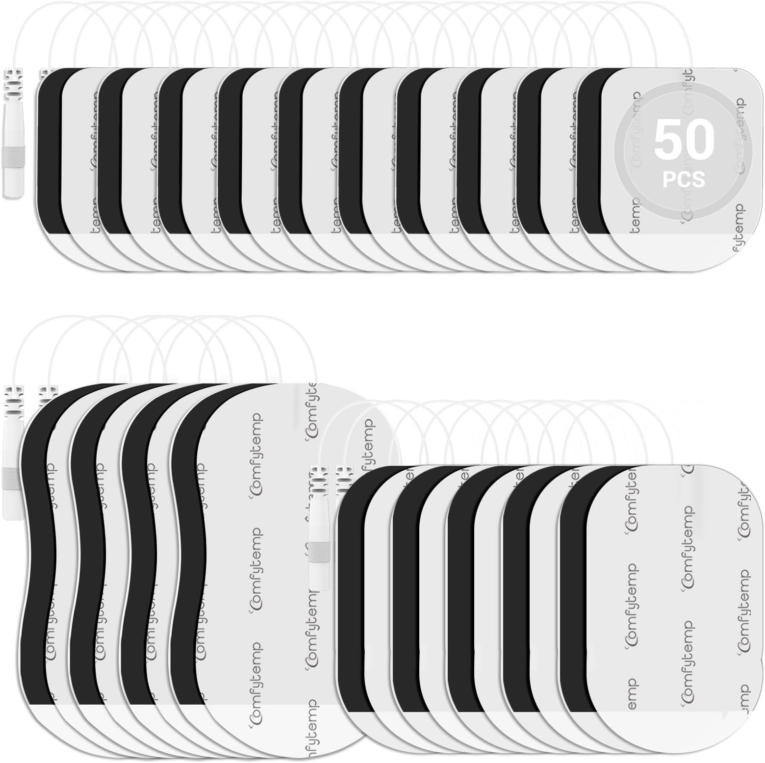 Comfytemp TENS Unit Replacement Pads, 50 Pcs TENS Pads with 3 Sizes, Self-Adhesive Electrodes Pad 2mm Connector for Most TENS Machine, Reusable Electrode Patches for Muscle Stimulator Electrotherapy