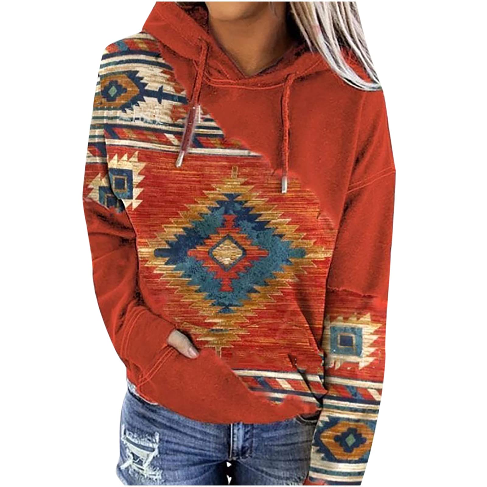 Women's Western Aztec Ethnic Style Hooded Sweatshirts Casual Folk Pullover Long Sleeve Pocket Hoodies