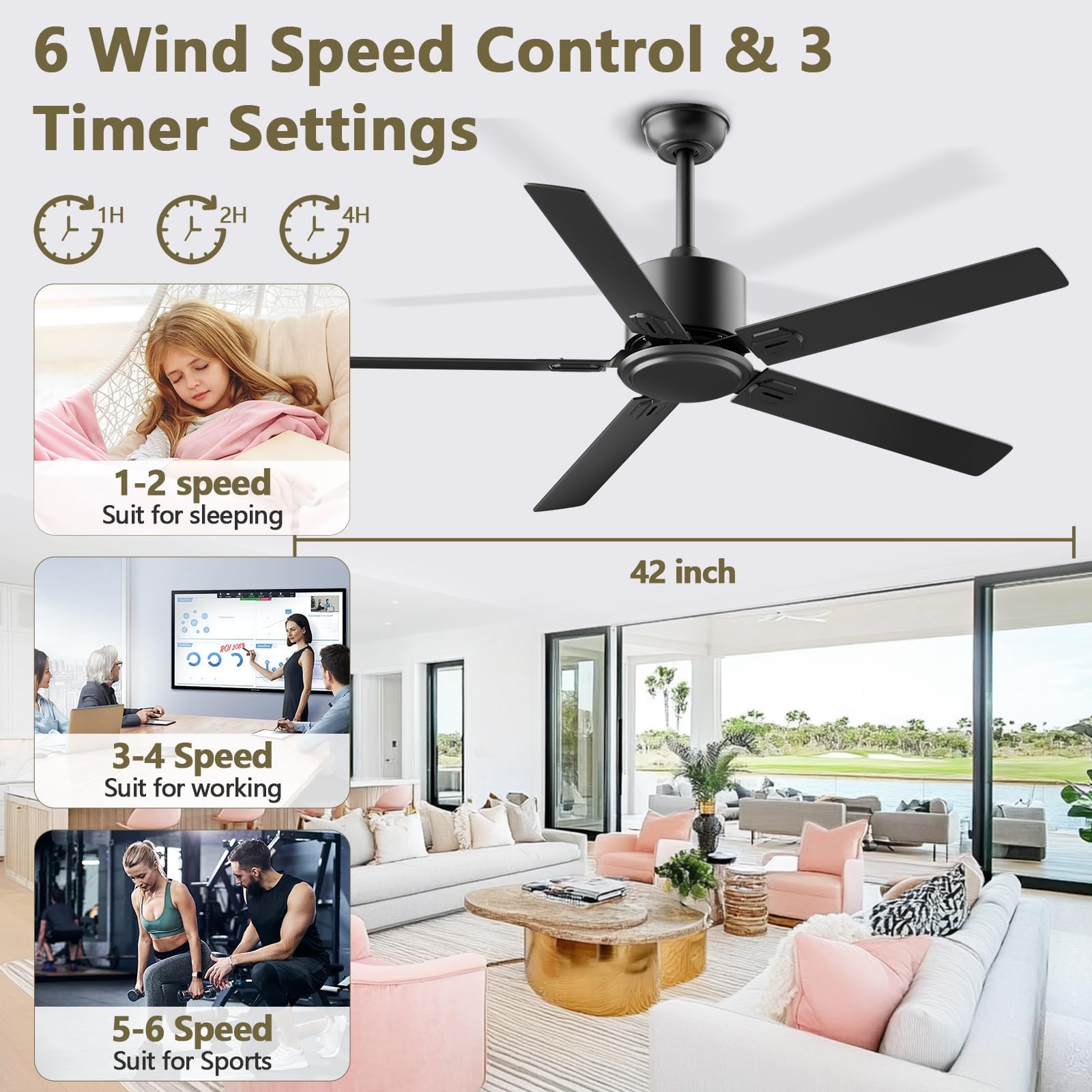 Obabala Ventilatore da soffitto per patio, soggiorno, camera da letto, stile moderno, in legno, 5 pale, 106,7 cm, nero, con telecomando, senza luce, nessun rumore, reversibile
