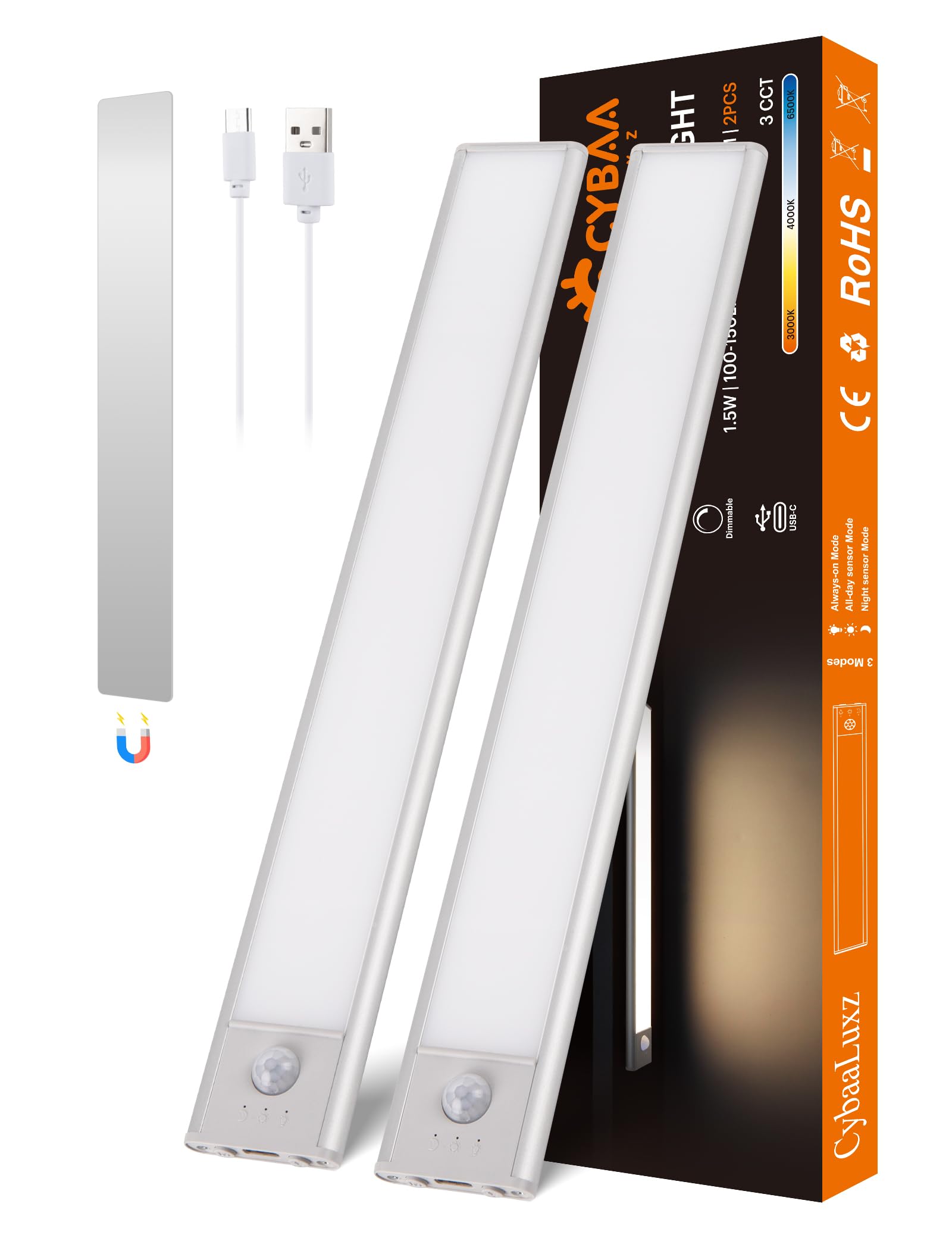 30CM Magnetische Schranklampe mit Bewegungsmelder, 2200mAh Kabellose LED Unterbauleuchte, 3000K/4000K/6500K Farbtemperatur, Dimmbar, Ideal für Küche, Schrank, Vitrine, 2 Stück