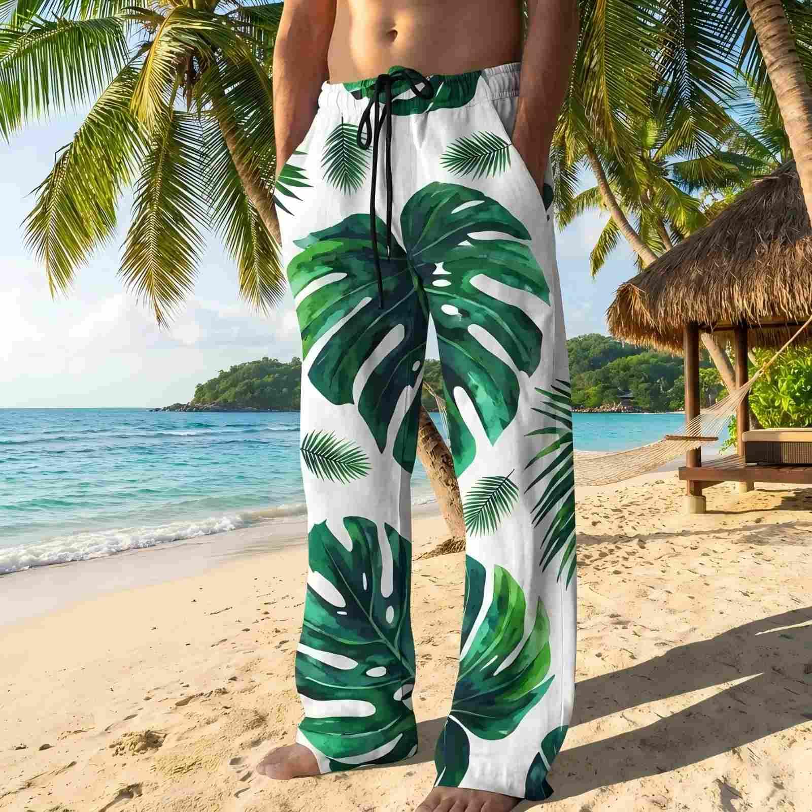 Leinenhose Herren Lang Leichte Sommerhose Leinen Hose Freizeithose mit Tunnelzug Elastischer Arbeitshosen Baggy Jogginghose Casual Stoffhose Loose Yoga Strandhose für Urlaub Strand