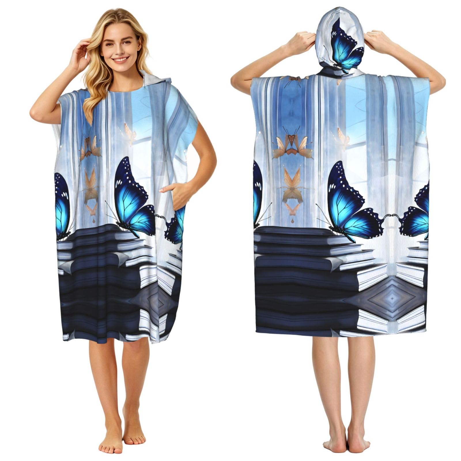 Poncho de plage papillon bleu : peignoir à capuche pour vos sorties piscine et mer
