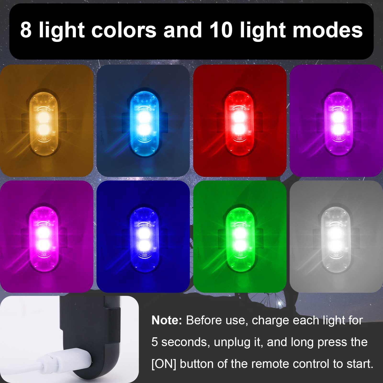 Lot de 4 Lumières Stroboscopiques Télécommandées, 8 Couleurs Feux d'Avertissement d'Urgence Rechargeables Kit de Lumières LED Sans Fil Étanches Anti-Collision pour Drone, Voiture, Moto, Vélo