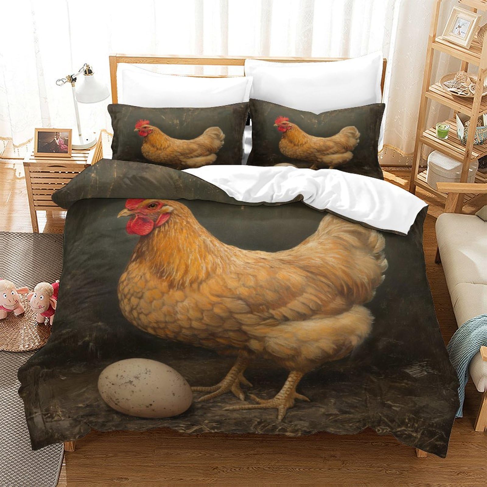 P1s9u7w5y Gallic Rooster-4 Farmhouse Hen 3D Printed Duvet Cover Set 3Pcs Microfiber Rural Chicken Bedding Set Double（200X200cm）