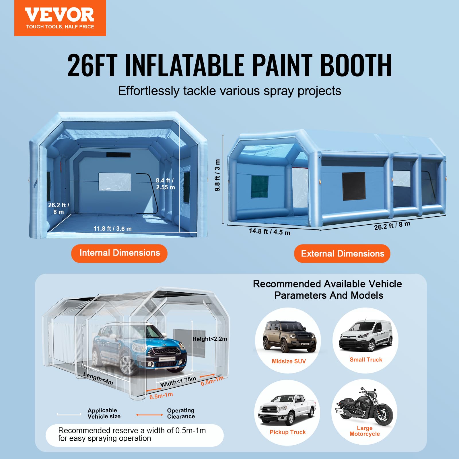 VEVOR Cabine de Peinture Gonflable 8x4,5x3 m, Tente Peinture Gonflable Automobile avec Souffleurs Puissants 950 W + 750 W et Système de Filtration, Station de Travail pour Pose de Peinture Atelier