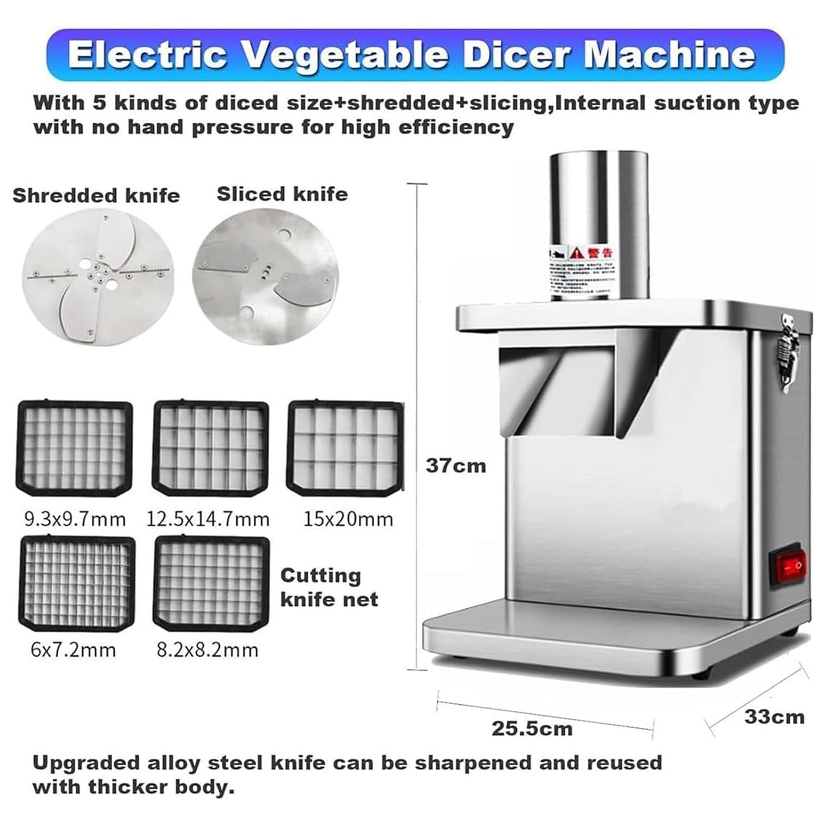 Cortador Verduras Eléctrico Comercial,Potente Procesador Alimentos 250W con Moldes Cortar En Cubitos 6/8/10/12/15 Mm,Cuchillas Acero Inoxidable,Picador Automático Frutas Y Verduras
