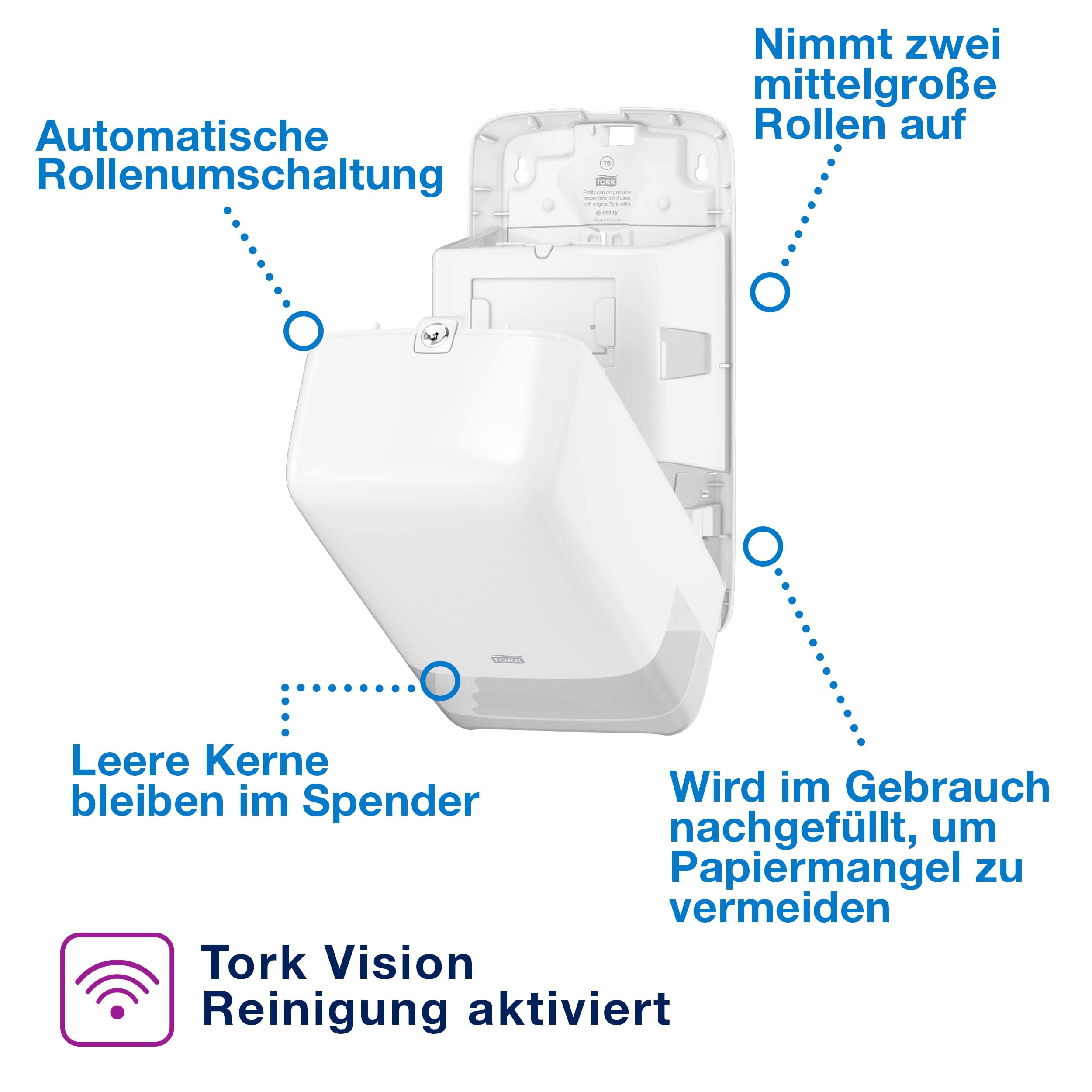 Tork 557500 Doppelrollenspender für Midi Toilettenpapier in Weiß / Tork T6 Hygienischer Toilettenpapierspender im Elevation Design / Hohe Kapazität