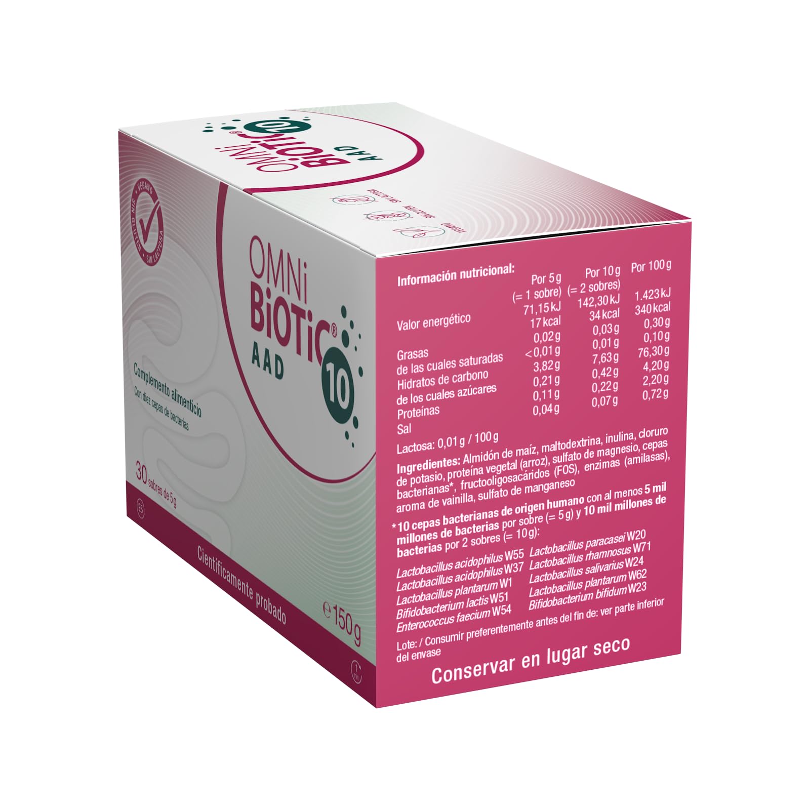 OMNi BiOTiC 10 AAD | 30 sobres (150 g) | Probiótico | 10 cepas bacterianas | 10 mil millones de bacterias por dosis diaria | Polvo | Con inulina | Vegano | Sin gluten | Sin lactosa | Para uso diario