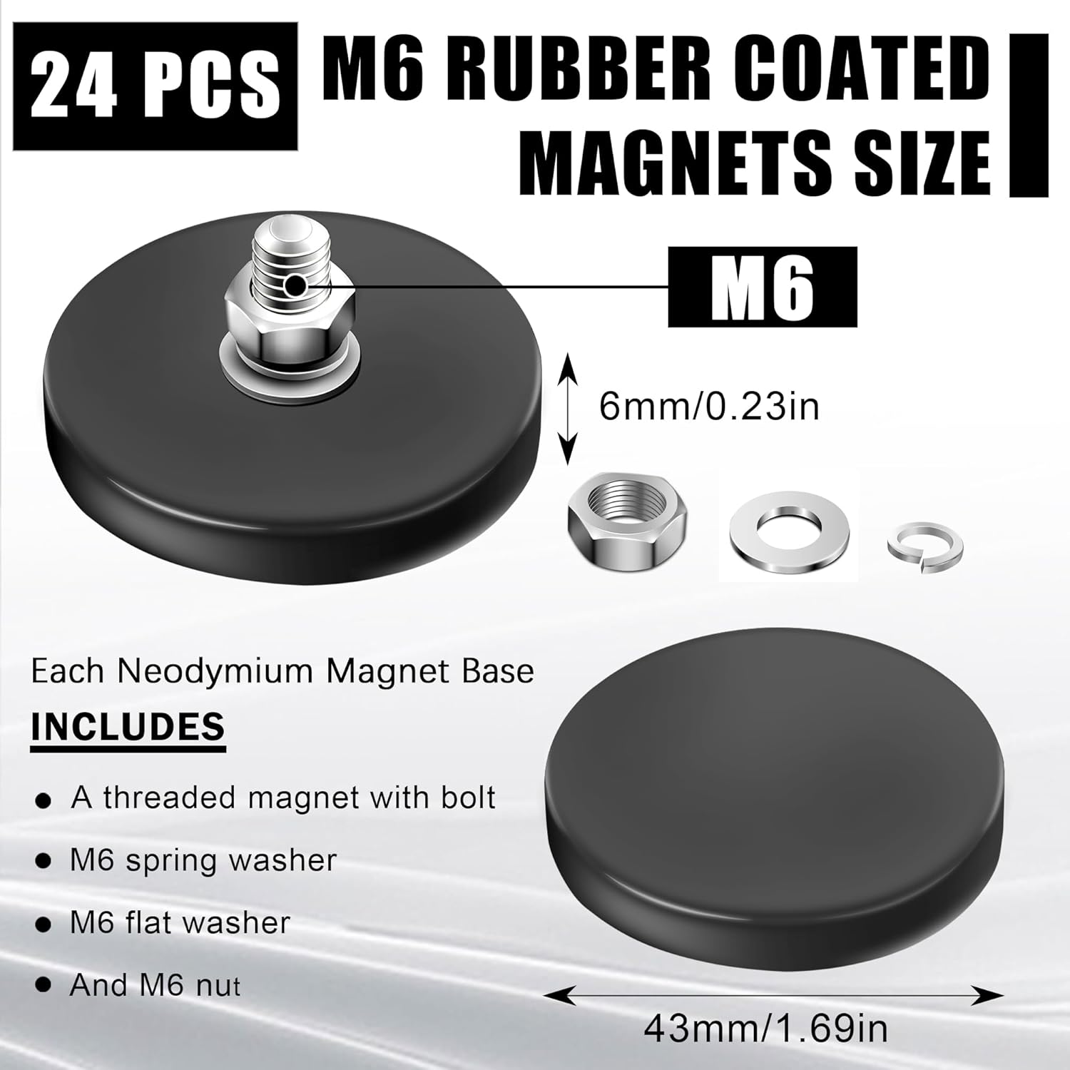 24 PCS Rubber Coated Magnets, AHIER Heavy Duty m6 Rubberized Magnets Base with Threaded Stud Neodymium Magnet Mounts for Rock Lights Bar Camera Mount Tool