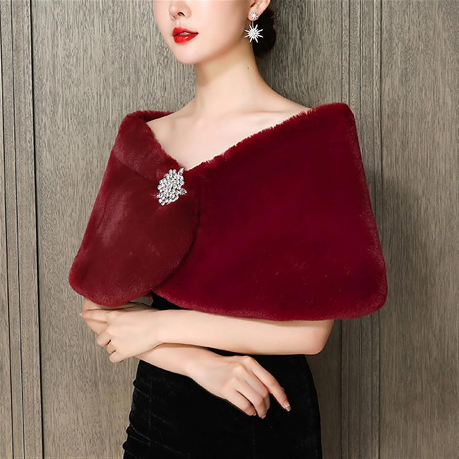 Châles Et étoles en Fausse Fourrure pour Mariage, pour Femme, avec Broche, pour Mariées Et Demoiselles d'honneur, Burgundy