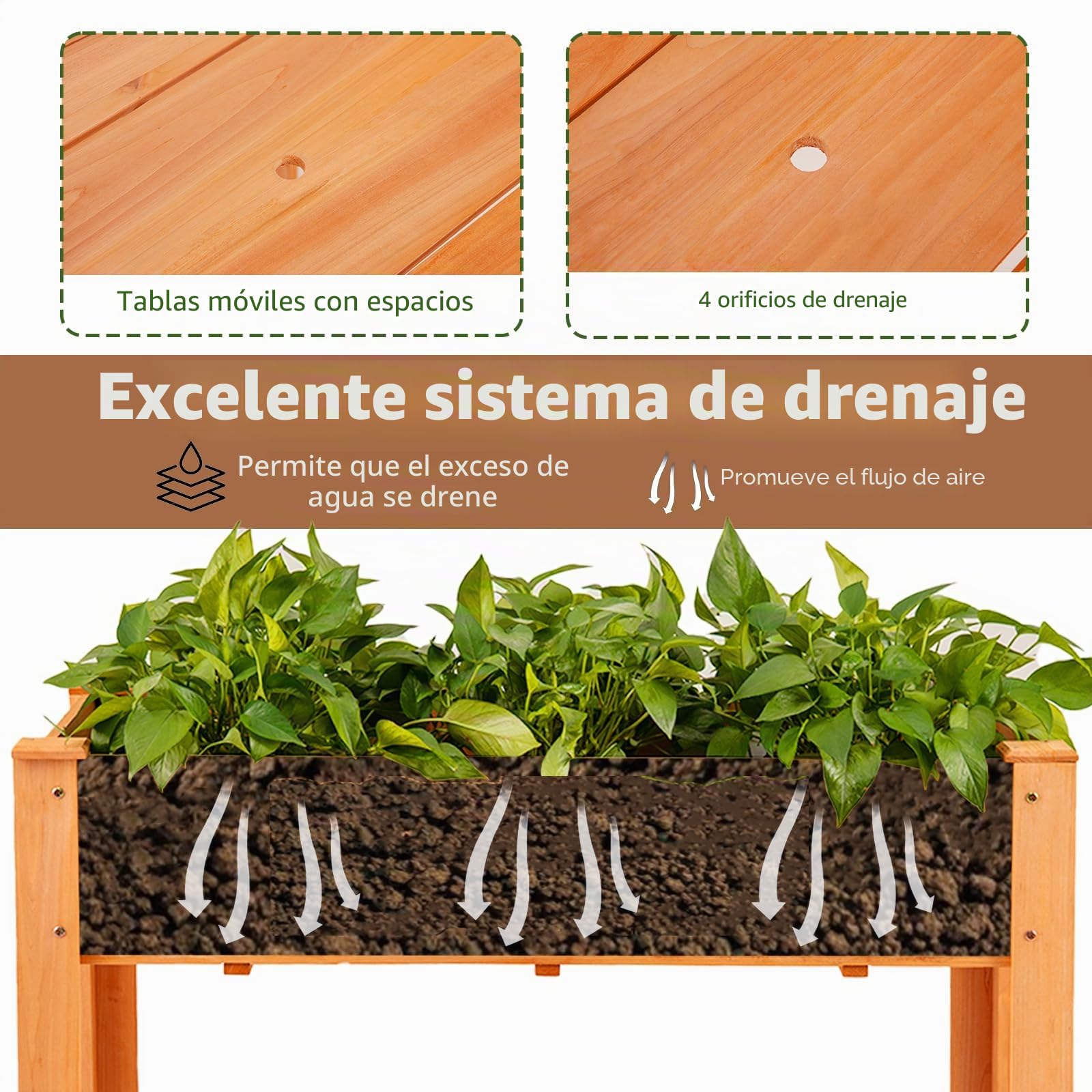HOMASIS Huerto Urbano de Madera Abeto, 120 x 60 x 81 cm, Jardinera Elevada Terraza Exterior con Orificio de Drenaje, Compartimento de Almacenamiento, para Jardín, Balcón, Casa (marrón Rojizo)