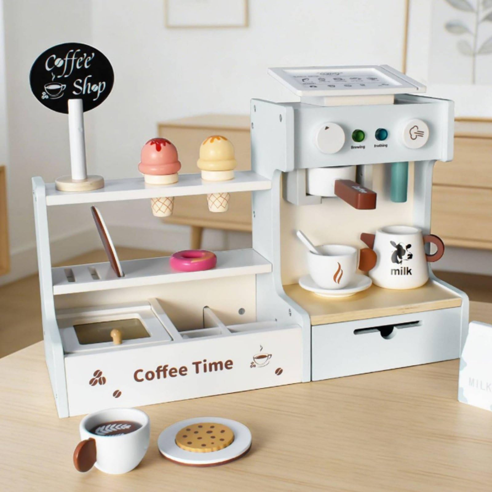Kinder Café Spielzeug mit Zubehör fördert die Kreativität Holzspielzeug Kaffeeladen realistisches Design Kaufladen für Kinderzimmer