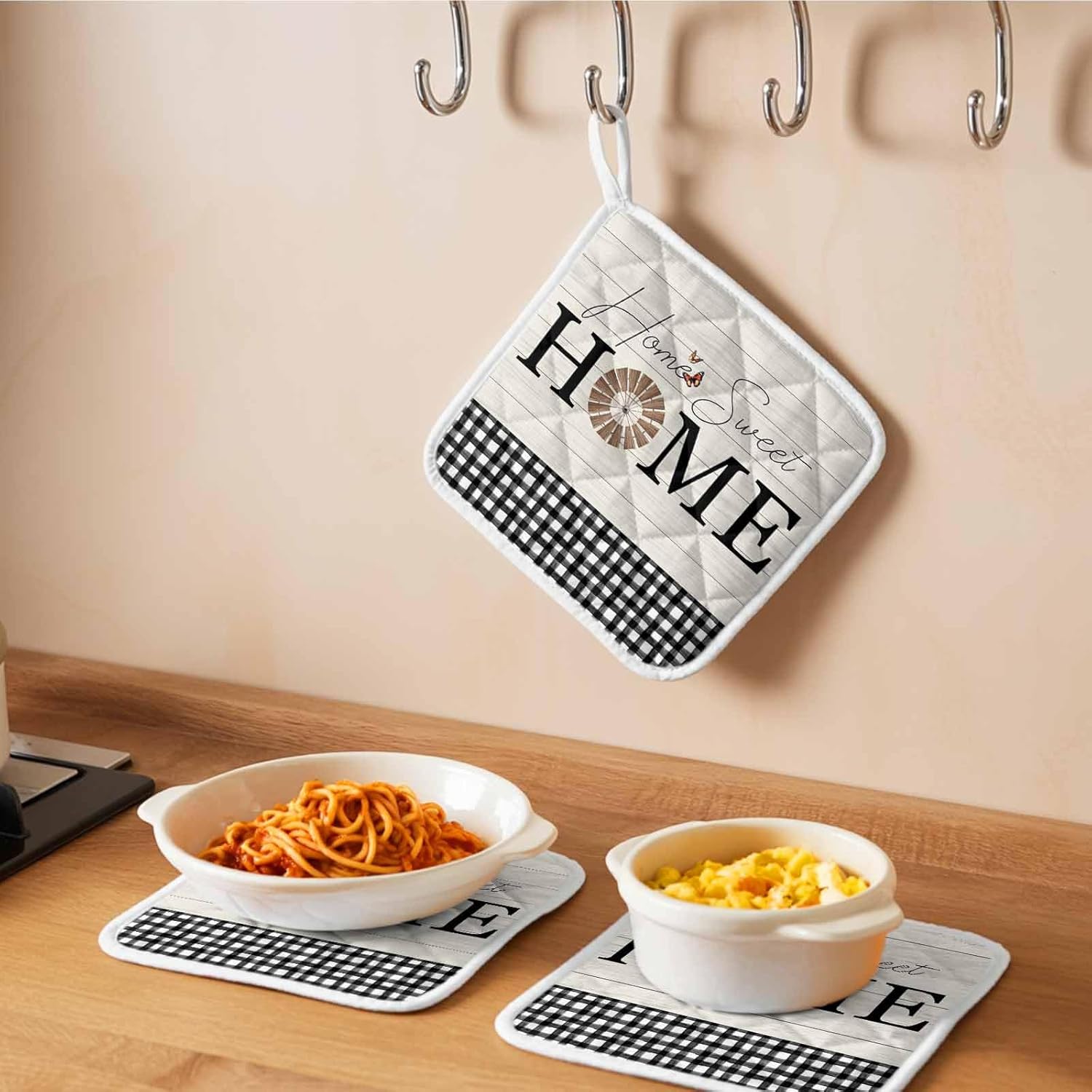 5 Pack Pot Holders for Kitchen, Home Windmill Black Plaid Hot Pads for Kitchen Countertops Oven Pot Holder Bulk, Beige Wooden Farmhouse Heat Insulation Potholders with Hanging Loops