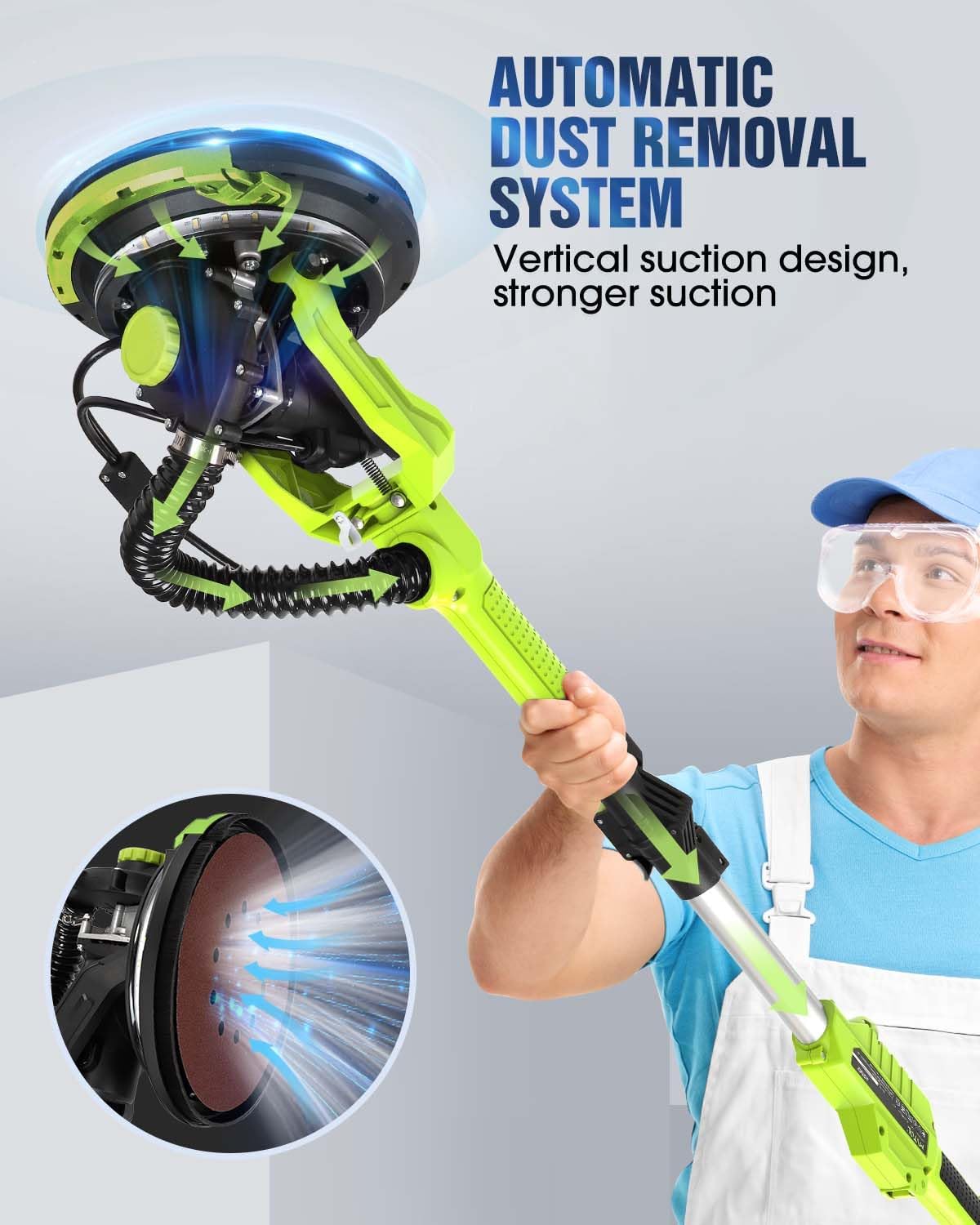 MYTOL Drywall Sander, 7.2A Electric Drywall Sander with Vacuum Dust Collection, 6 Variable Speed 900-1800RPM, LED Light, Foldable & Extendable Handle, 9 Pcs Sandpaper&3 Pcs Grid Sandpaper, Full Green