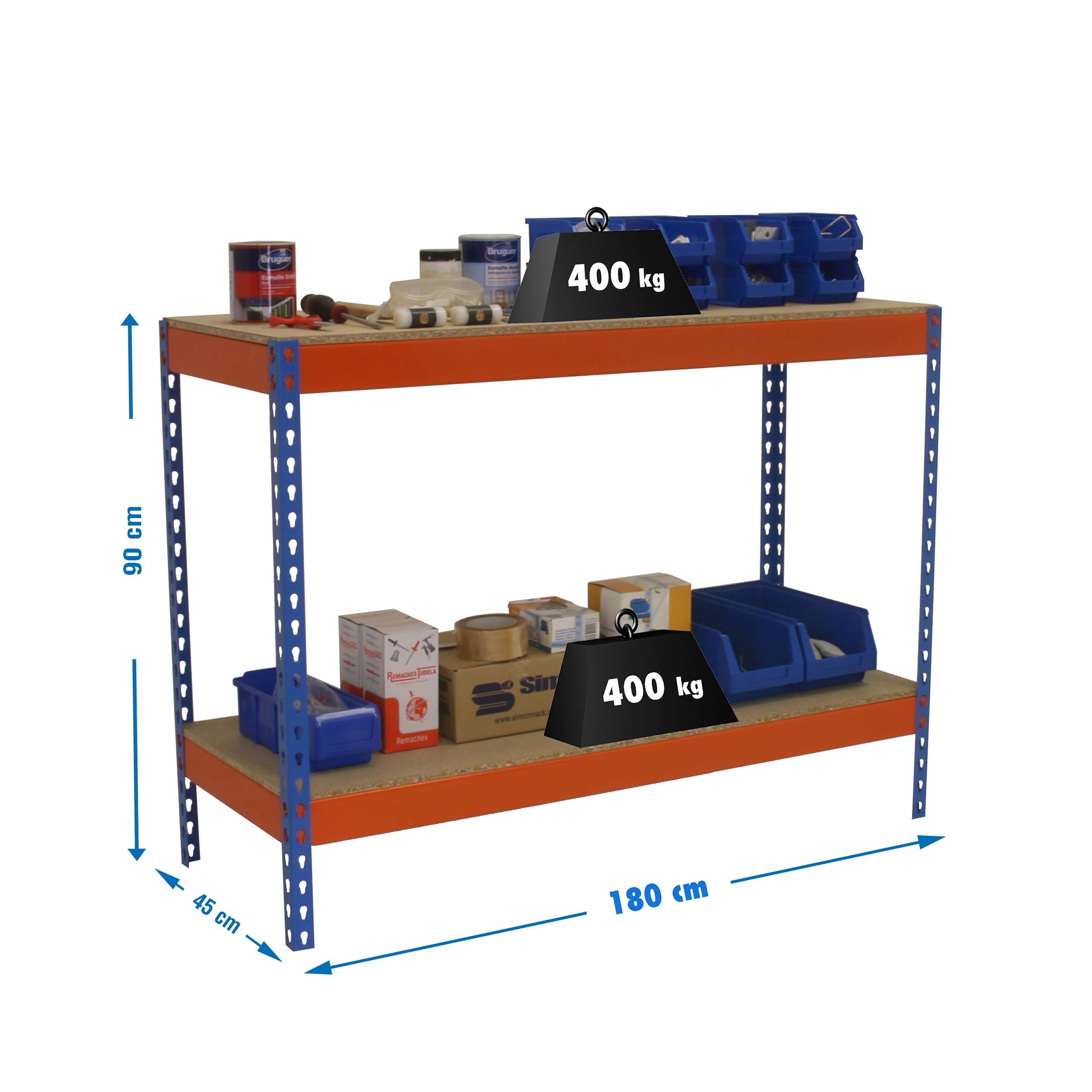 Simon Rack Banco de Trabajo Taller 1800x450 mm - BT Basic | Capacidad Carga 400 kg, Montaje sistema clic, Pintura anticorrosión, Azul/Naranja