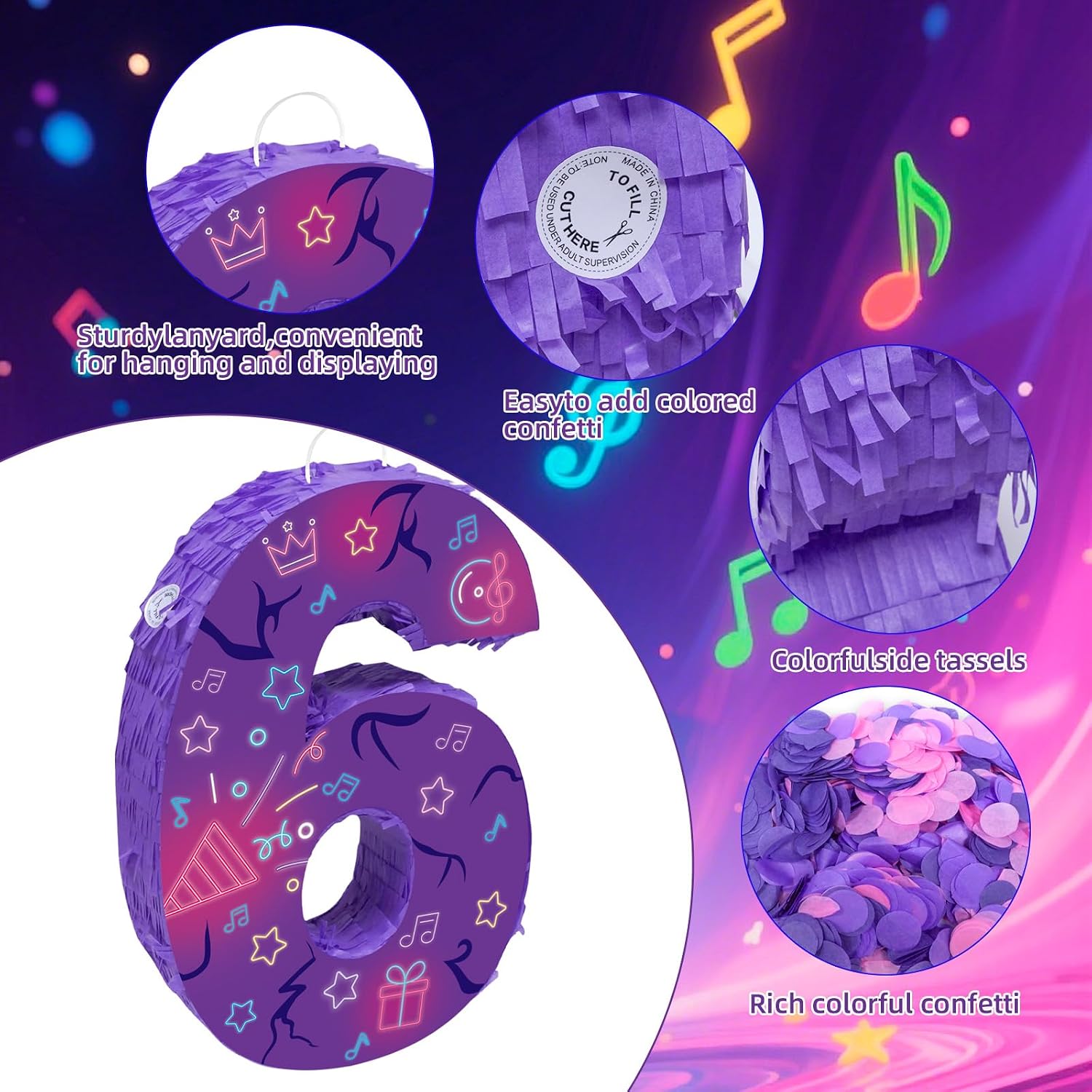 Condition photo showing New/Like New for musical note birthday decorations, 15.7 x 11.5 x 3 inch purple musical note number 6 pinata with 16 inch piñata stick blindfold confetti for 6th music theme birthday party supplie