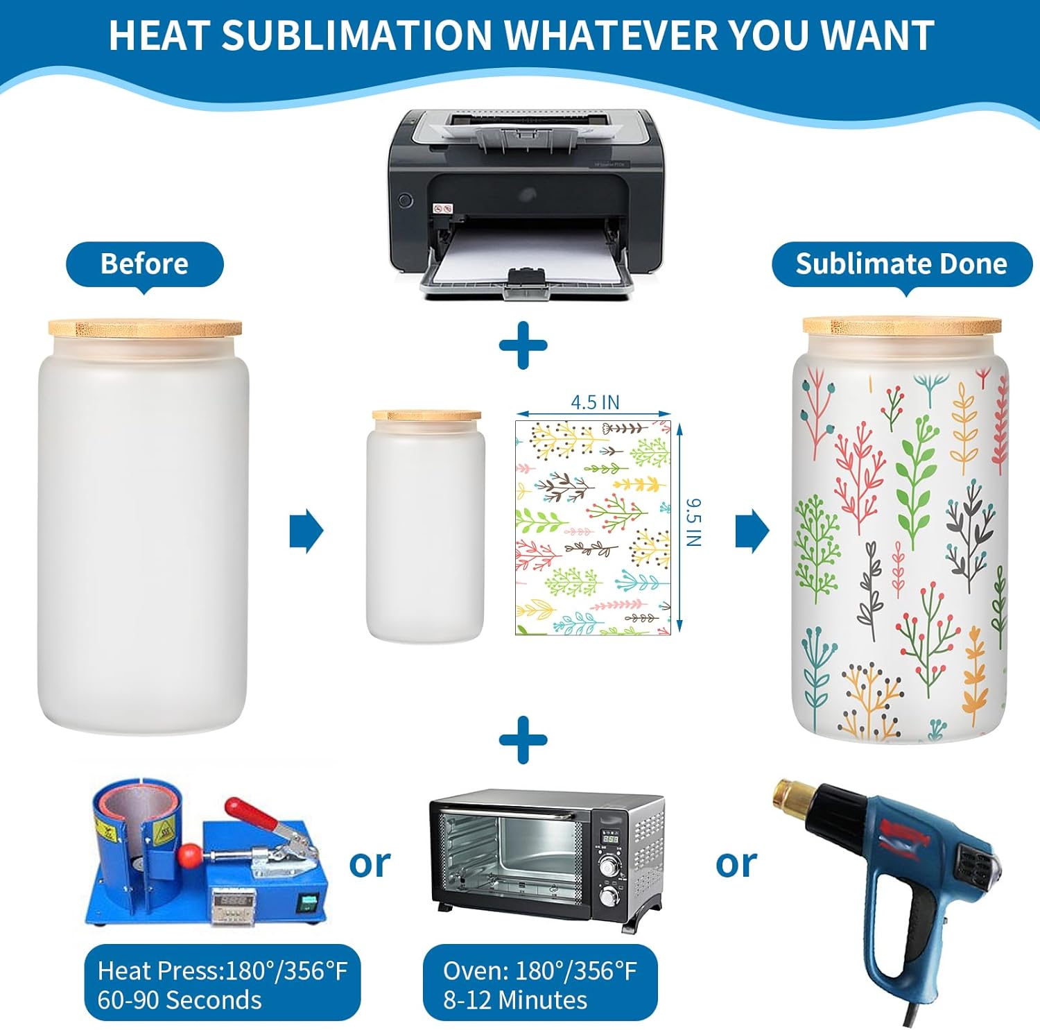 Sublimation Glass Blanks with Bamboo Lid, MAFYE 16OZ Frosted Sublimation Beer Cups with Glass Straws Gift Box for Mother's Day, Mason Jar Cups Mug Travel Tumbler for Juice, Iced Coffee, Drinks(8 PACK)