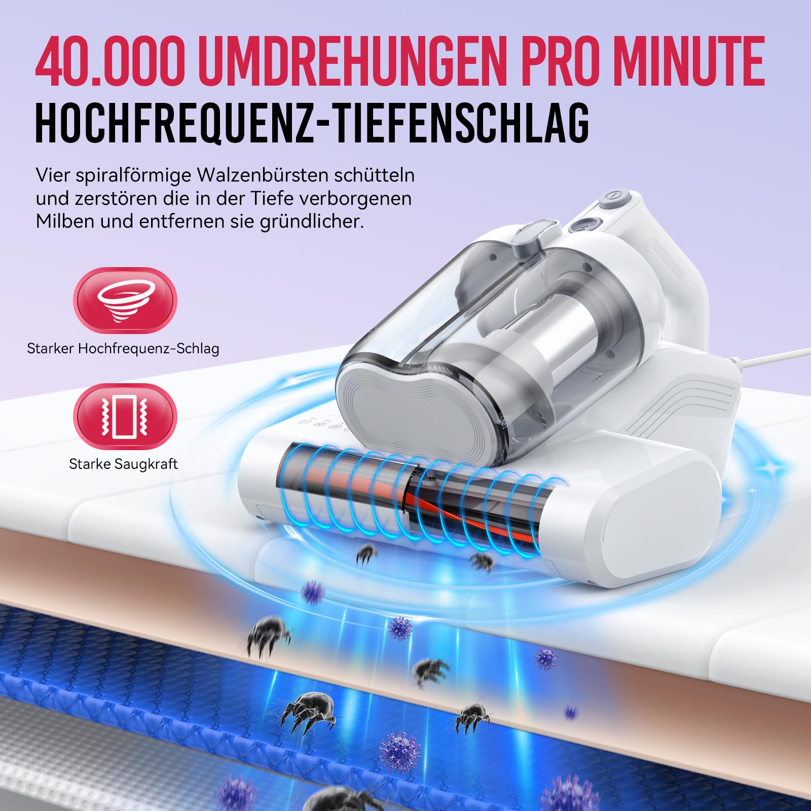 Milbensauger für Matratzen mit UV-Licht, 16KPa, HEPA-Filter, Heißluftfunktion, Staubmilben-Sensor, 600W Handstaubsauger (Weiß)