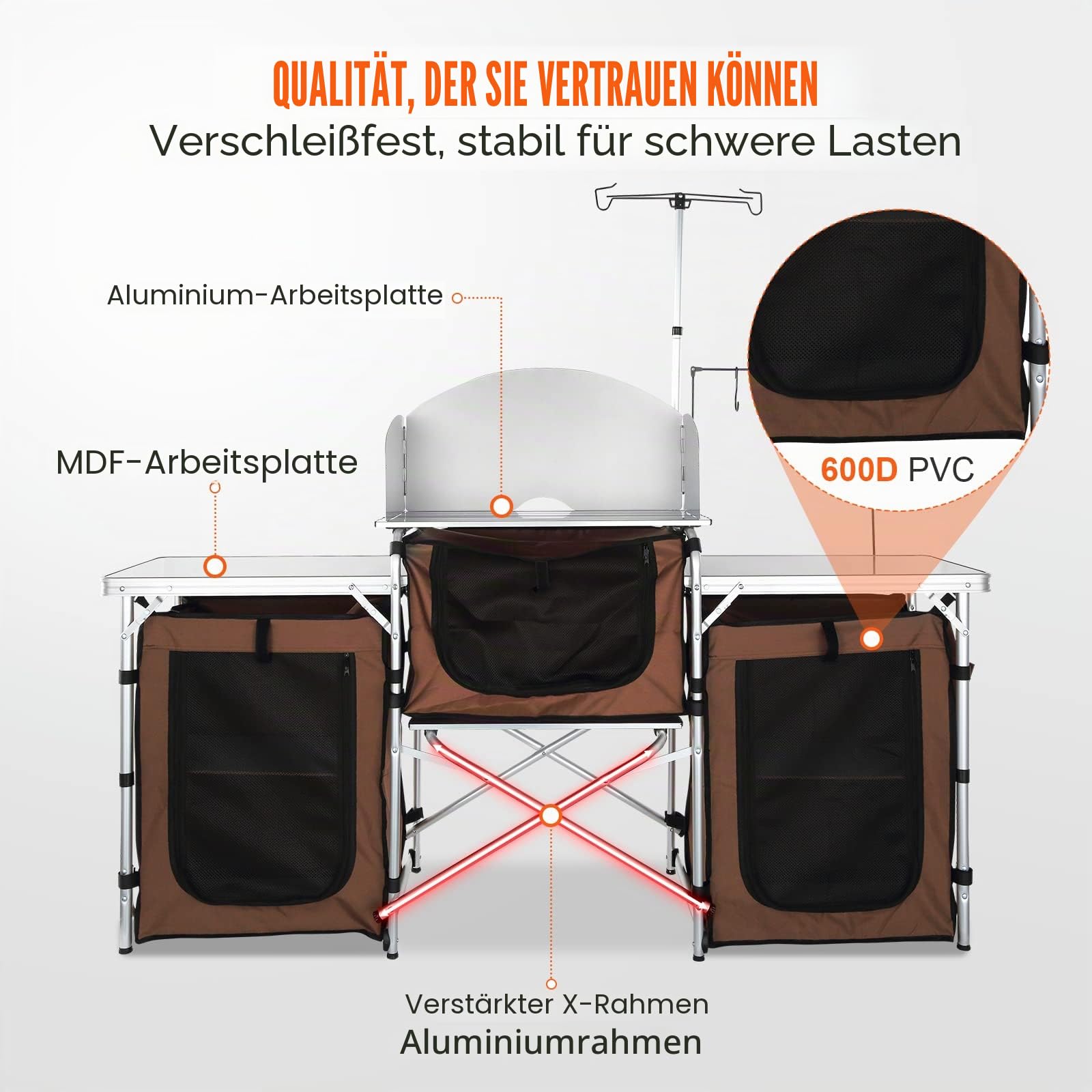 VEVOR Campingküche Campingschrank 174 x 176 x 46 cm, Tischküche mit Lampenmast & Haken Reiseküche, Faltbar Outdoor Küchenbox Aluminiumgestell Küchenschrank Campingkocher für Camping, Picknick usw.