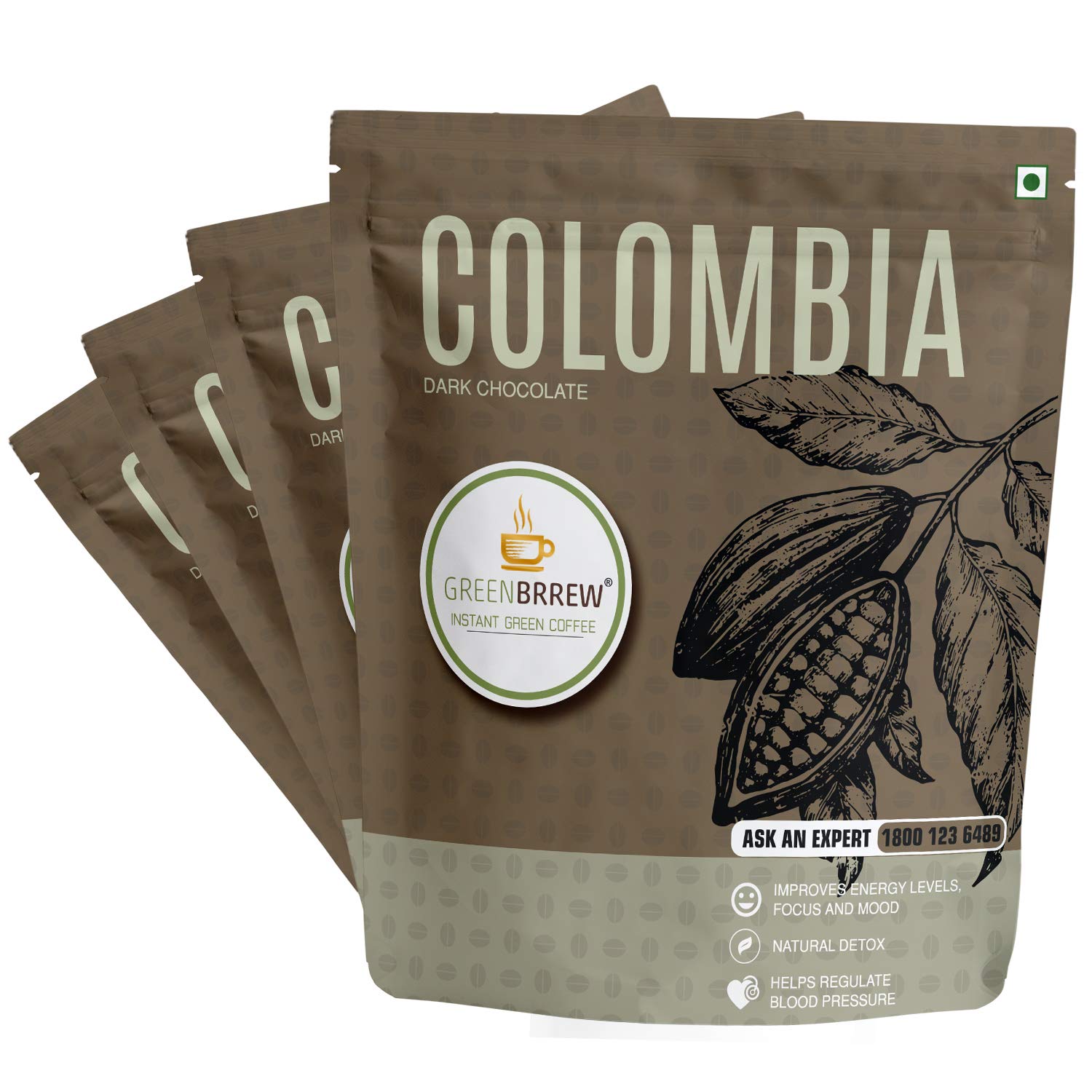 Greenbrrew Chocolate Green | 100% Unroasted Coffee | Rich Blend | Mood Booster | 20 Servings | 60g (Pack Of 4)