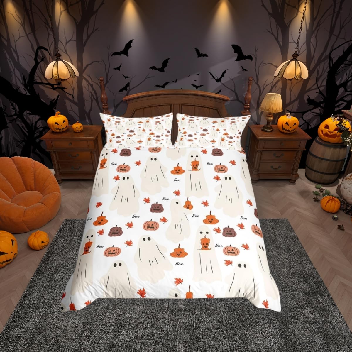 feelingyou Halloween Pumpkin Duvet Cover King Size,Cartoon Ghost Comforter Cover for Kids Teens Adults Bedroom Decor,Funny Ghost Orange and White Breathable Bedding Set 2 Pillowcases,No Comforter