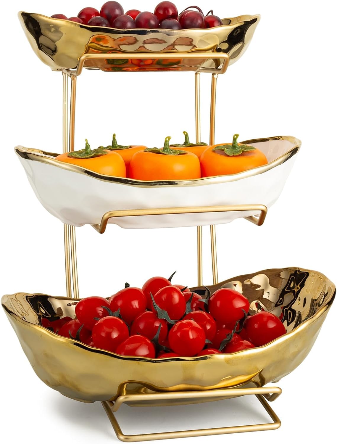 Corbeille à fruits, à 3 couches, en céramique, avec structure en métal, présentoir élégant pour servir des fruits, des légumes et des collations, bol décoratif pour cuisine et salon (trois couches de
