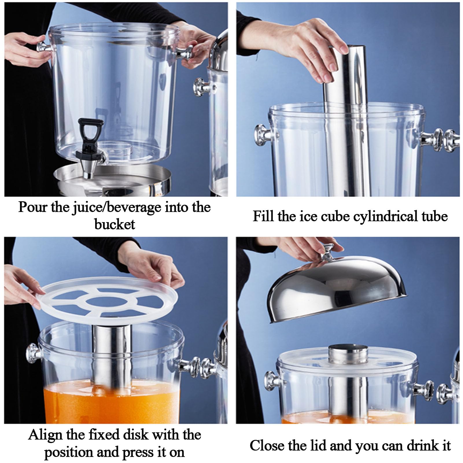 Dispensador de bebidas de acero inoxidable con grifo, dispensador de jugo comercial para bebidas frías, cócteles, agua, refrescos