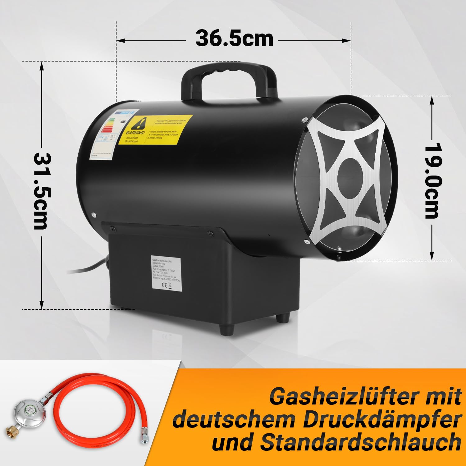 Pistola de gas, 15 kW, incluye manguera de conexión y regulador de presión de gas de 700 mbar, superficie efectiva: 225 m², para obras de construcción, áreas de almacenamiento ventiladas