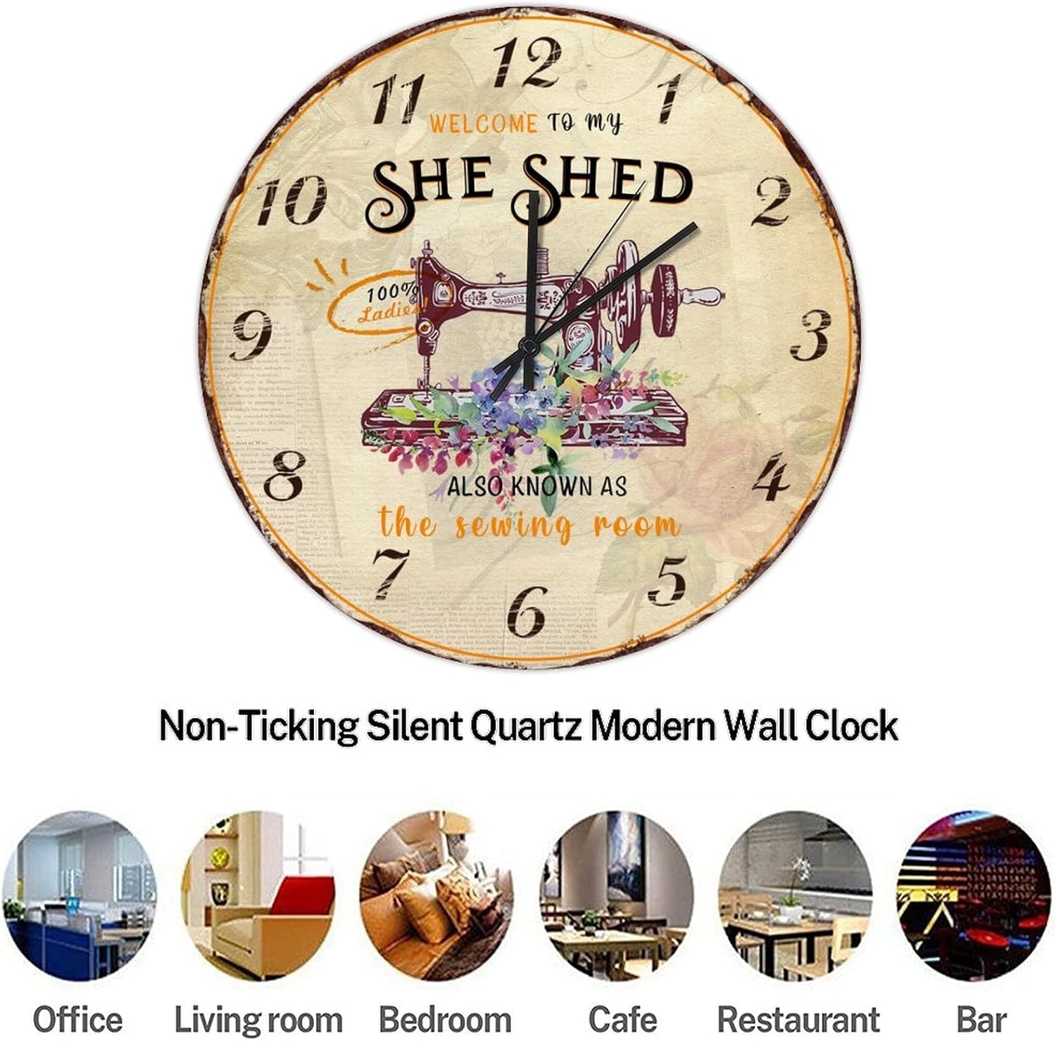 Vintage Round Wood Clock Welcome to My She Shed Sewing Room Floral Farmhouse Wooden Wall Clock 15 Inch Silent Non-Ticking Battery Operated Clock for Living Room Office Wall Art For Home Decor